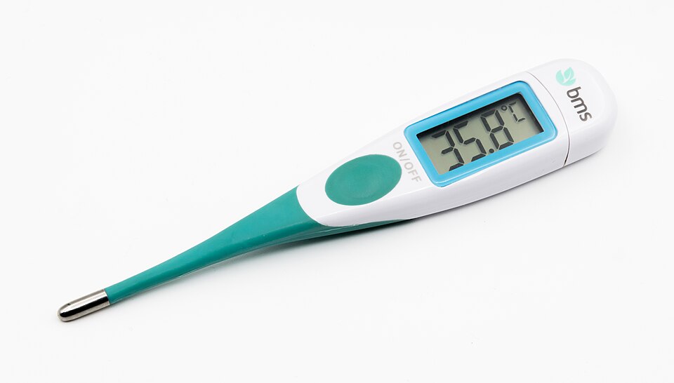 A digital clinical thermometer. A temperature of 38.0 °C or more is a fever; below 35 °C is hypothermia.