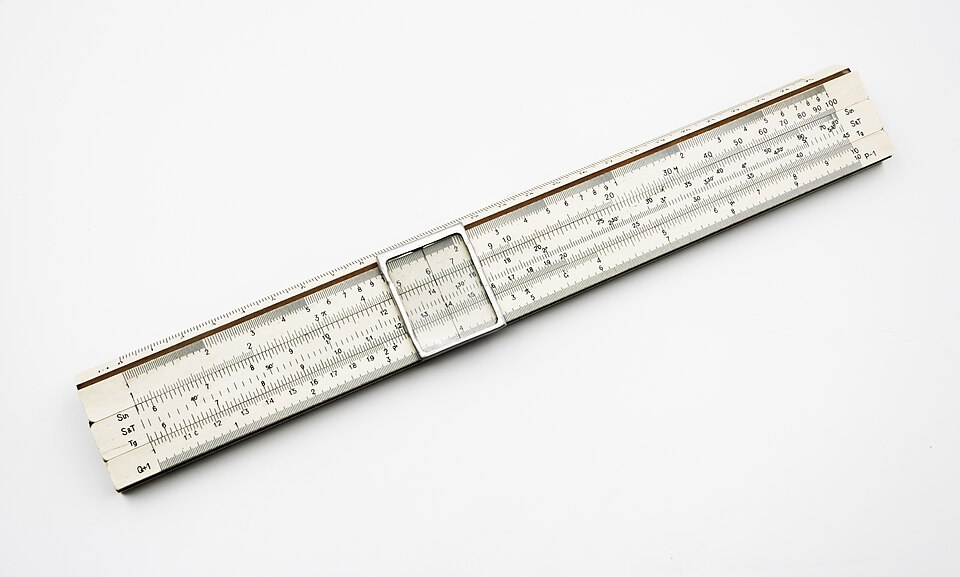 A slide rule: logarithmic scales slide against each other, so multiplying two numbers becomes adding two lengths. Good to about three significant figures.