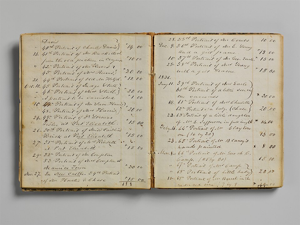 An 1830s account book. Double entry makes an enterprise auditable by someone who was not there.