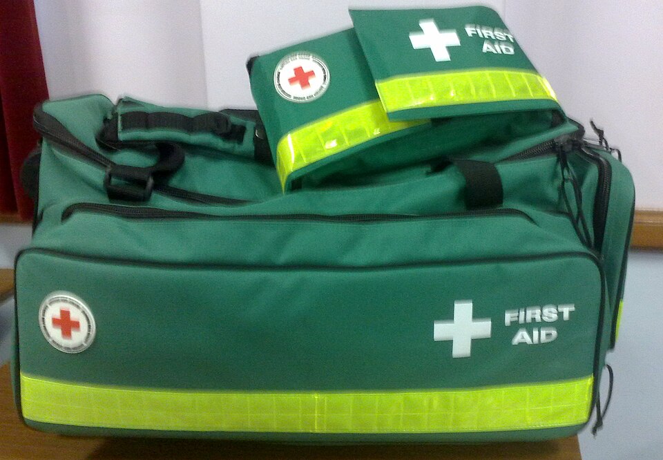 A packed first aid kit. Most of what saves a life here is clean water, pressure and patience.
