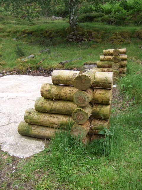 Round logs cut with saddle notches, stacked to show how the logs of two walls interlock at a corner, each notch cut into the underside of the log above.