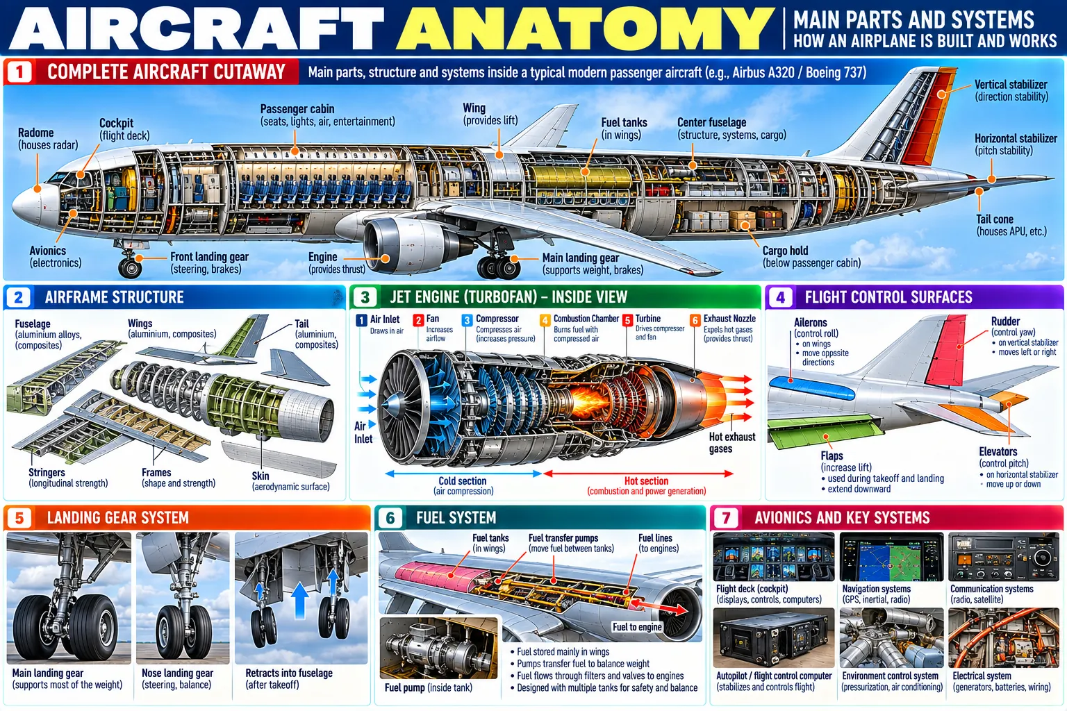 A cutaway airliner of the A320 or 737 class, the airframe's frames, stringers and skin, a turbofan in section, the flight control surfaces, the landing gear, the fuel system, and the avionics and other key systems.