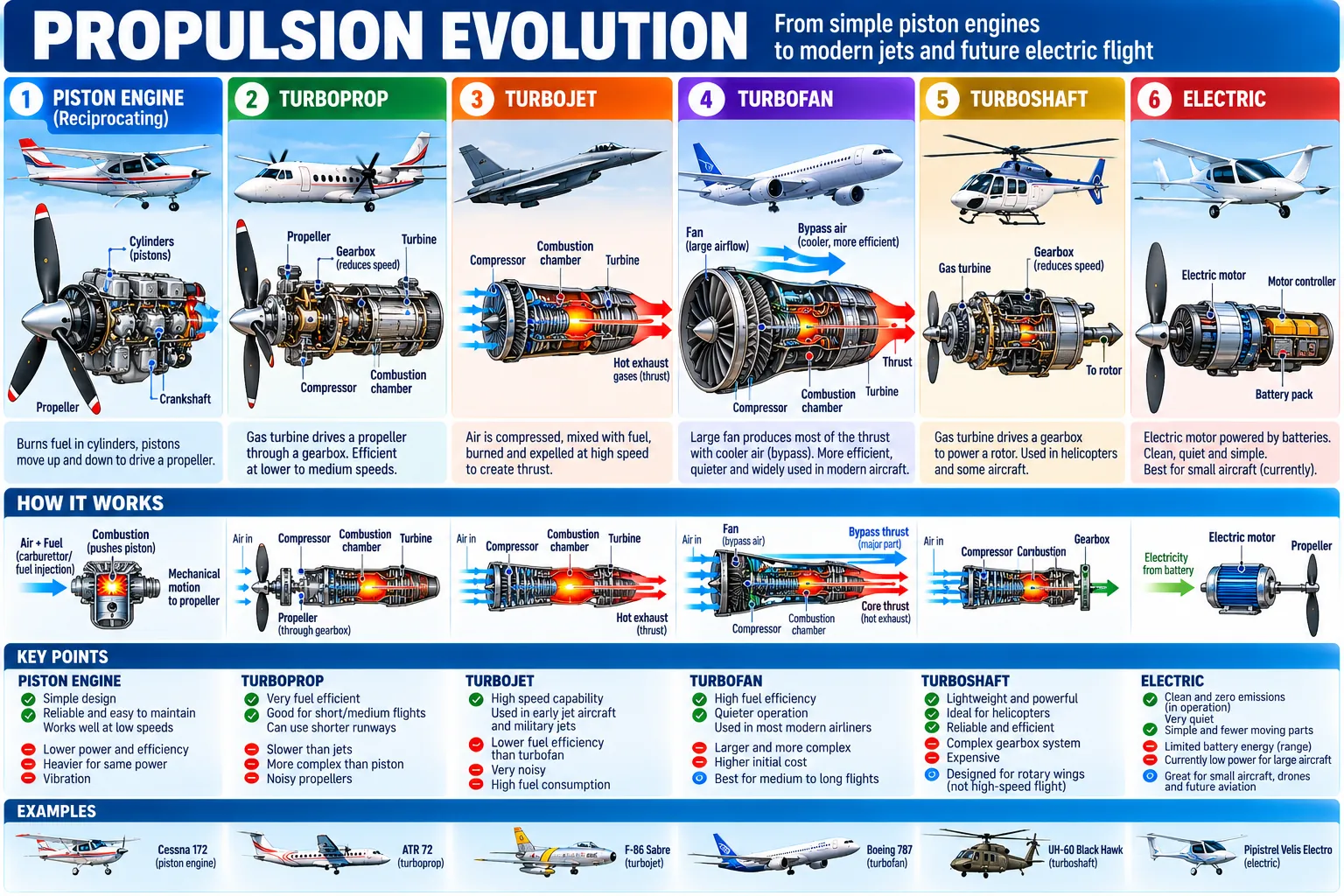 Six ways to drive an aircraft — piston engine, turboprop, turbojet, turbofan, turboshaft and electric motor — each in section, how each works, its strengths and limits, and an example aircraft for each.