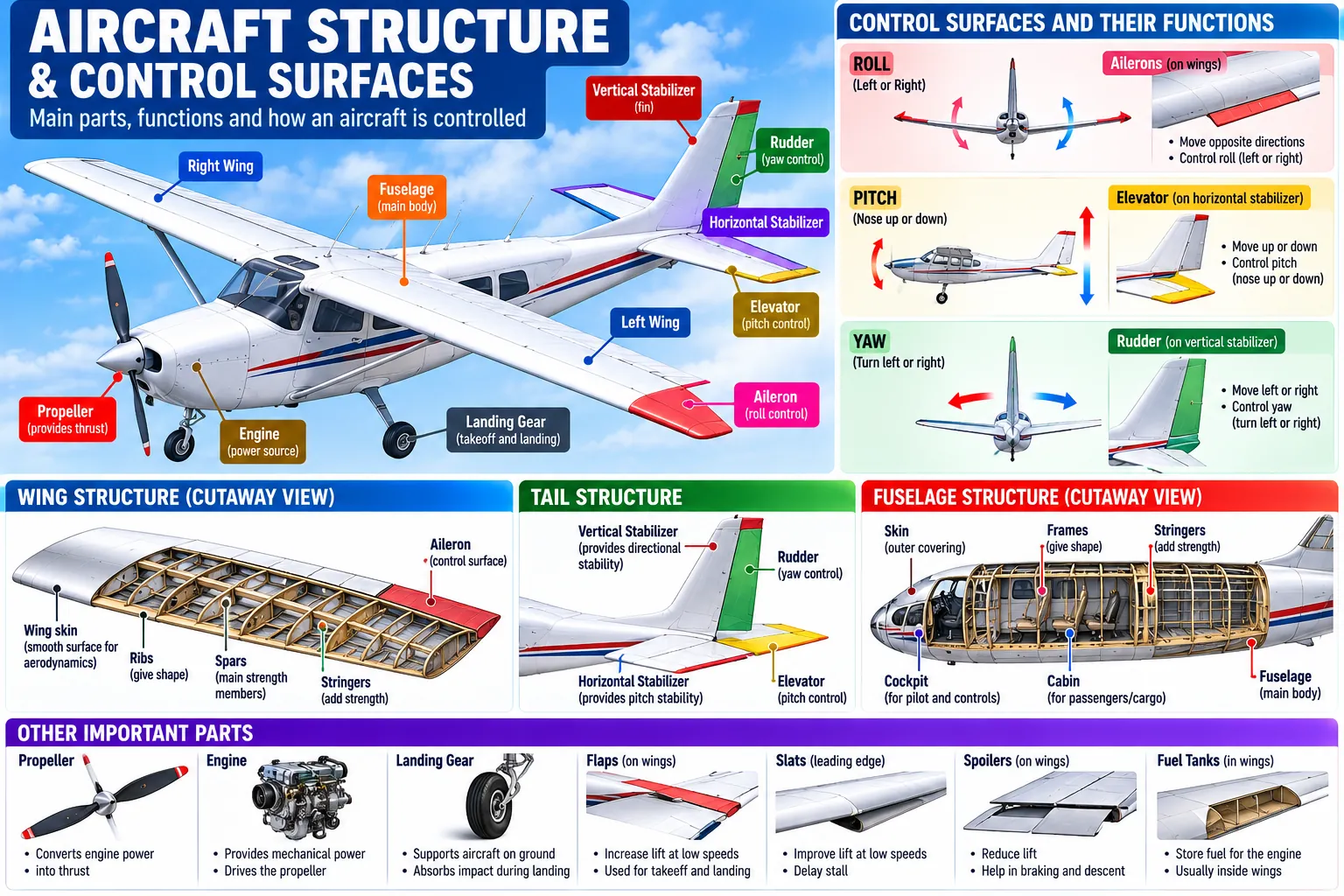 A single-engine light aeroplane with its parts named, the three axes and the surfaces that control them (ailerons, elevator, rudder), the wing's ribs, spars and stringers, the tail, the fuselage frame, and flaps, slats, spoilers and fuel tanks.