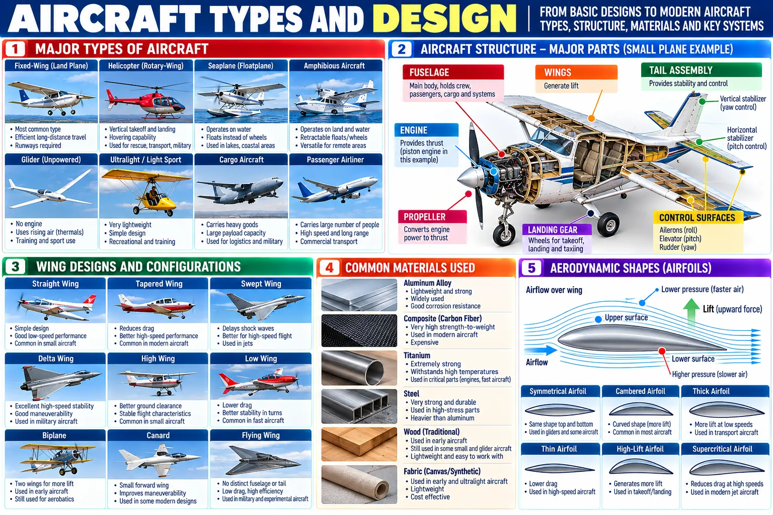 Eight kinds of aircraft (landplane, helicopter, seaplane, amphibian, glider, ultralight, freighter, airliner), the major parts of a light aeroplane, nine wing layouts, the materials aircraft are built from, and six kinds of aerofoil.