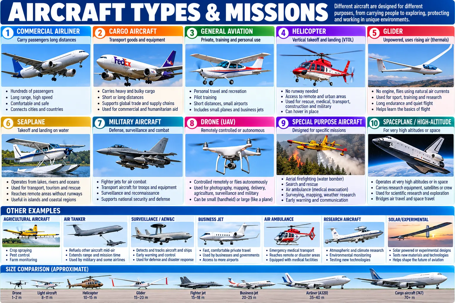 Ten kinds of aircraft and what each is for — airliner, freighter, general aviation, helicopter, glider, seaplane, military, drone, special-purpose and spaceplane — seven further examples, and a size comparison from a 1 m drone to a 70 m freighter.