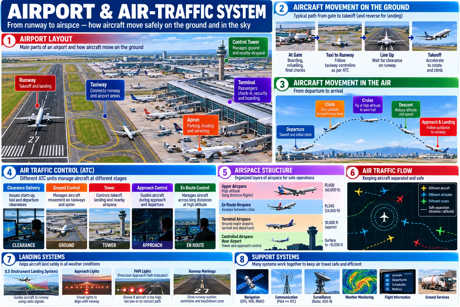 An airport's runway, taxiways, apron, terminal and tower, an aircraft's path from gate to take-off, the phases of flight, the five air traffic control units, the layers of airspace, traffic separation, landing aids (ILS, approach lights, PAPI, runway markings) and the systems behind them.