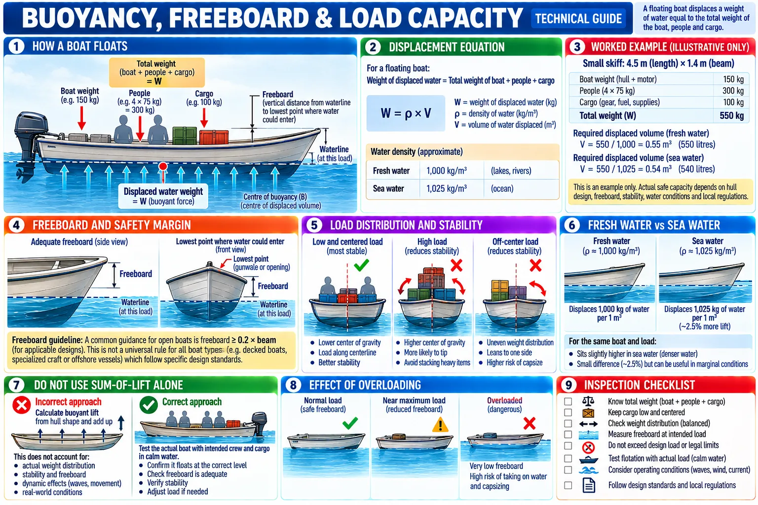 How a boat floats, the displacement equation W = ρ × V, a worked example for a 4.5 × 1.4 m skiff, freeboard, where to put the load, fresh against sea water, why adding up the lift is not enough, overloading, and a checklist.
