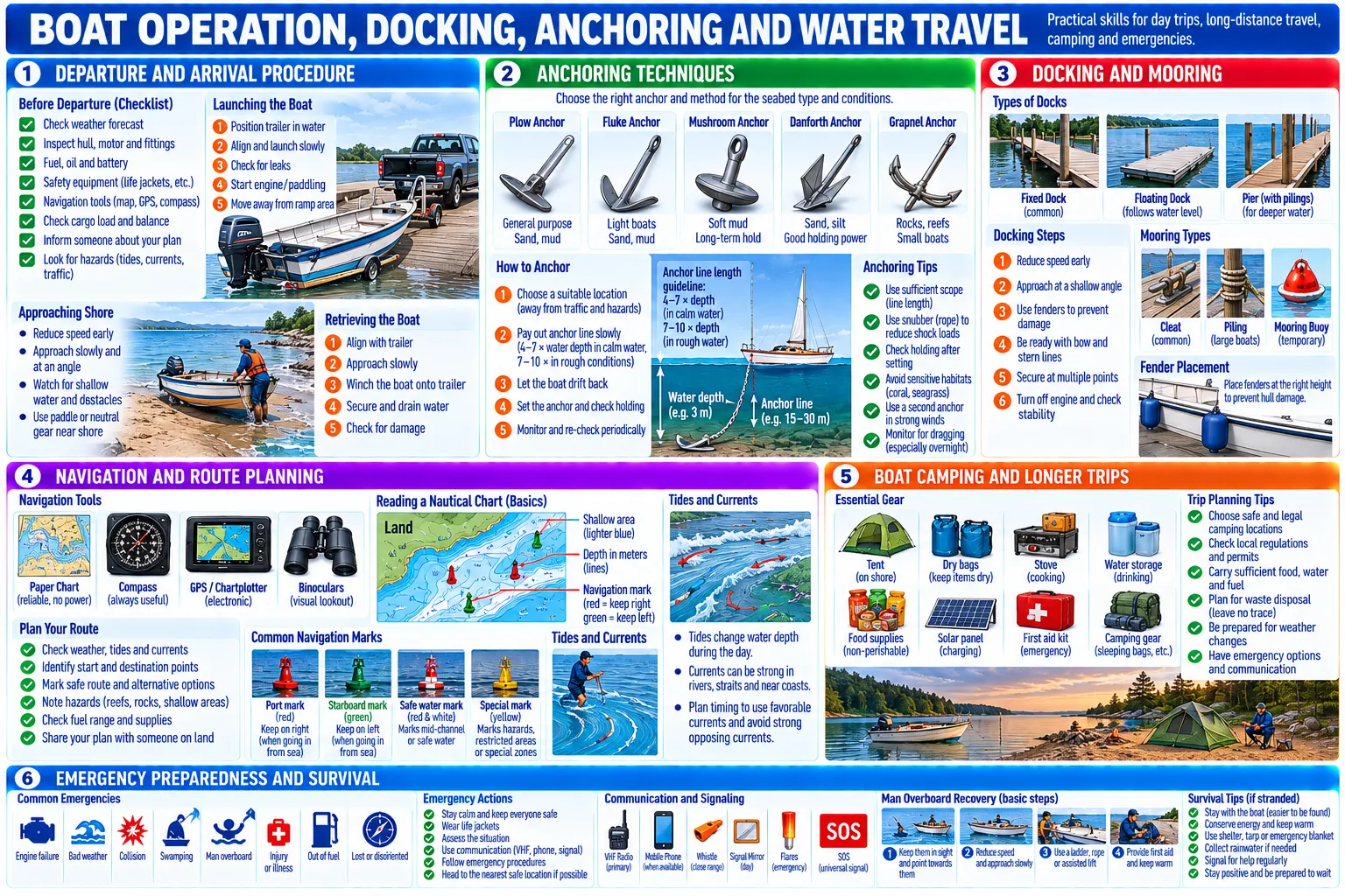 Departure and arrival checklists, launching and retrieving from a trailer, five anchor types and how to anchor, docking and mooring, route planning, charts and marks, camping from a boat, and emergency actions including man-overboard recovery.