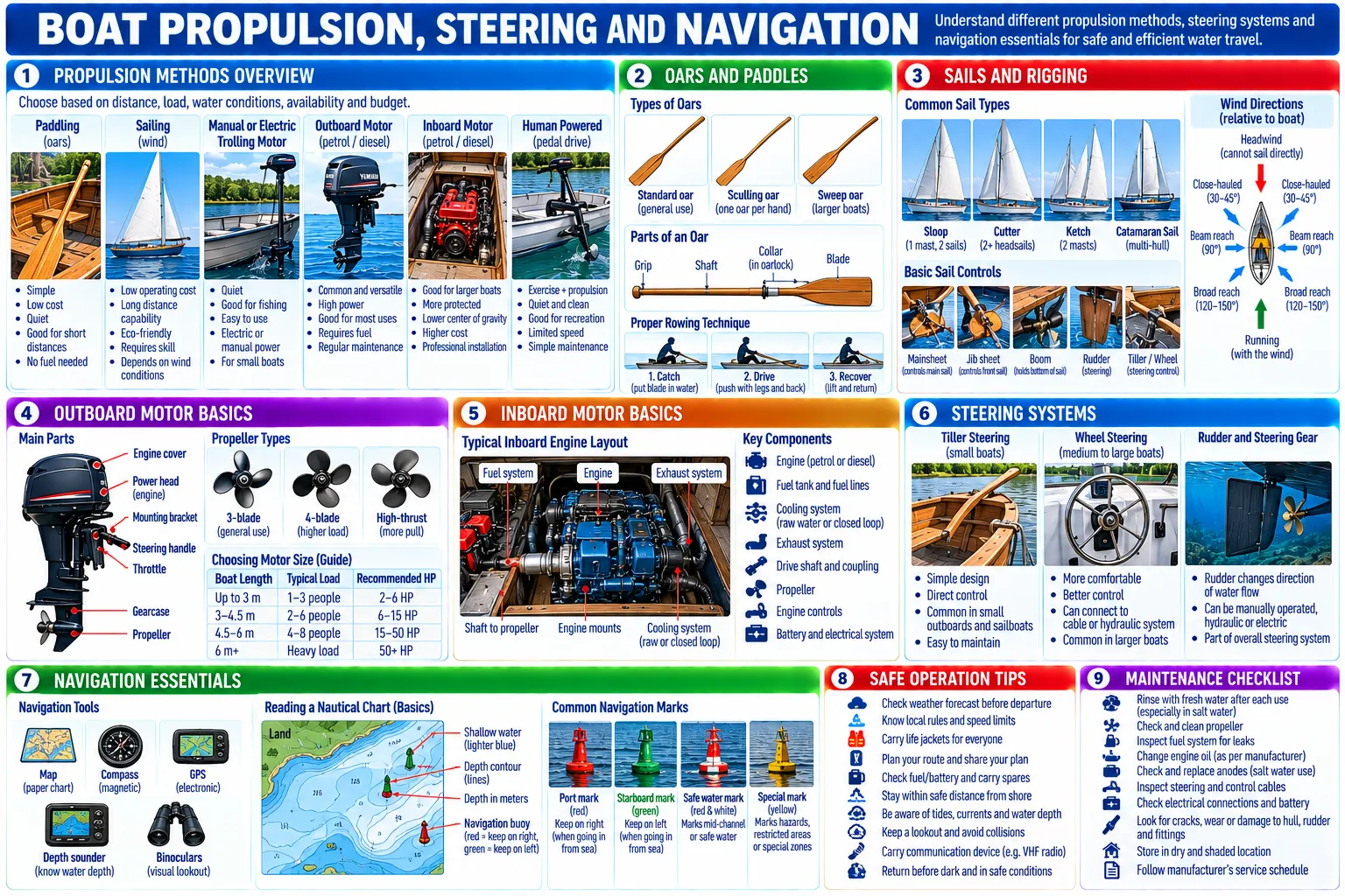 Paddle, sail, trolling motor, outboard, inboard and pedal drive; oars and rowing; sail types and points of sail; outboard and inboard parts; tiller, wheel and rudder; navigation tools, charts and marks; safe operation and a maintenance checklist.