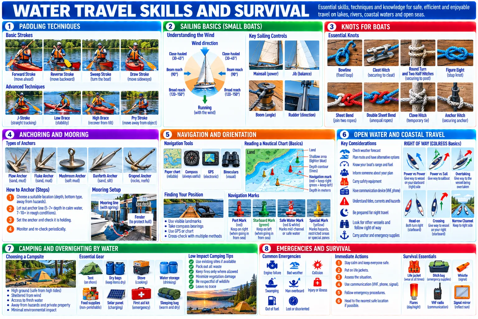 Paddle strokes, small-boat sailing and points of sail, eight knots for boats, anchoring and mooring, navigation and fixing your position, right of way under the collision rules, camping by water, and emergencies.