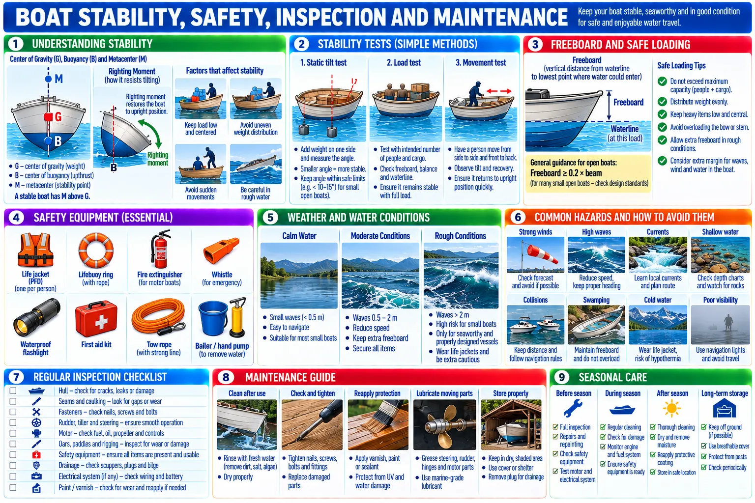 Centre of gravity G, buoyancy B and metacentre M, three simple stability tests, freeboard and loading, safety equipment, weather and water, common hazards, an inspection checklist, maintenance and seasonal care.