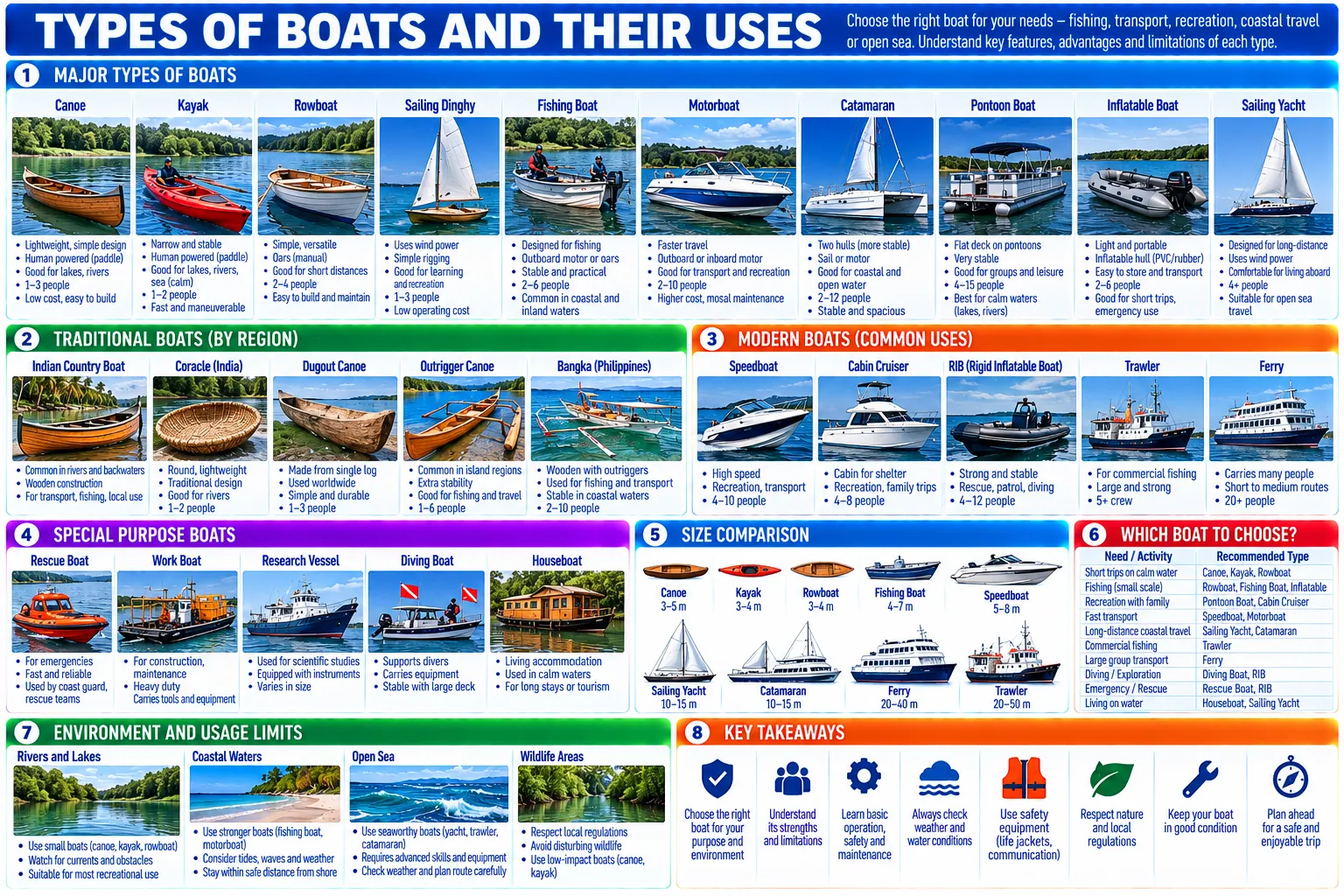 Ten common boats, five traditional boats by region, five modern working boats, five special-purpose boats, a size comparison, which boat suits which need, and where each can go.