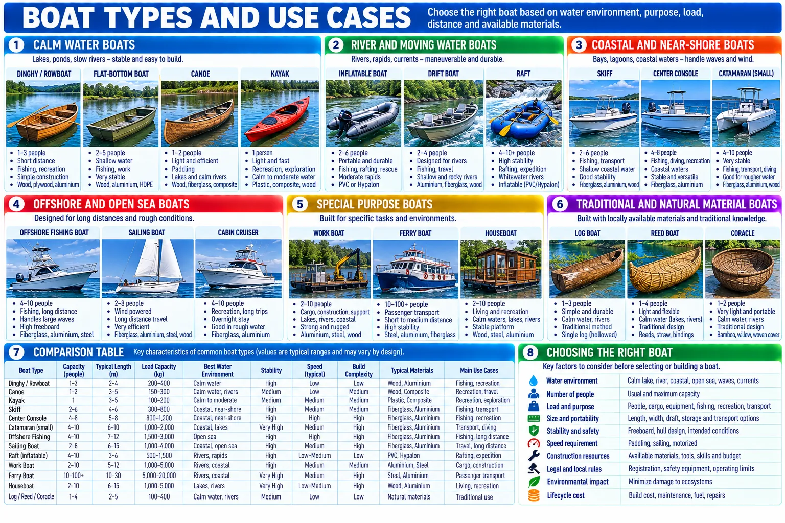 Seventeen boats grouped by the water they suit (calm water, rivers, coast, open sea, special purpose and traditional), a comparison table of capacity, length, load, stability, speed and build difficulty, and the factors that decide a choice.
