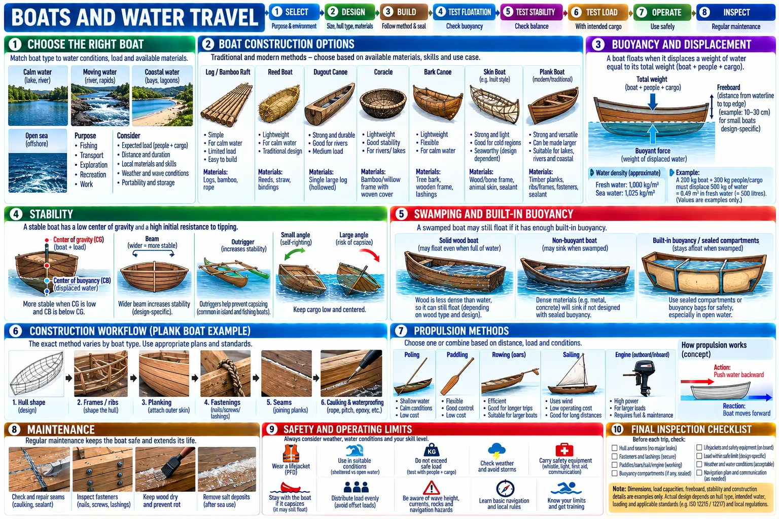 Select, design, build, test for floating, stability and load, operate and inspect: the kinds of boat and what each is made from, buoyancy and freeboard, stability, swamping, a plank-boat build, ways to move a boat, upkeep, safety limits and a checklist for before each trip.