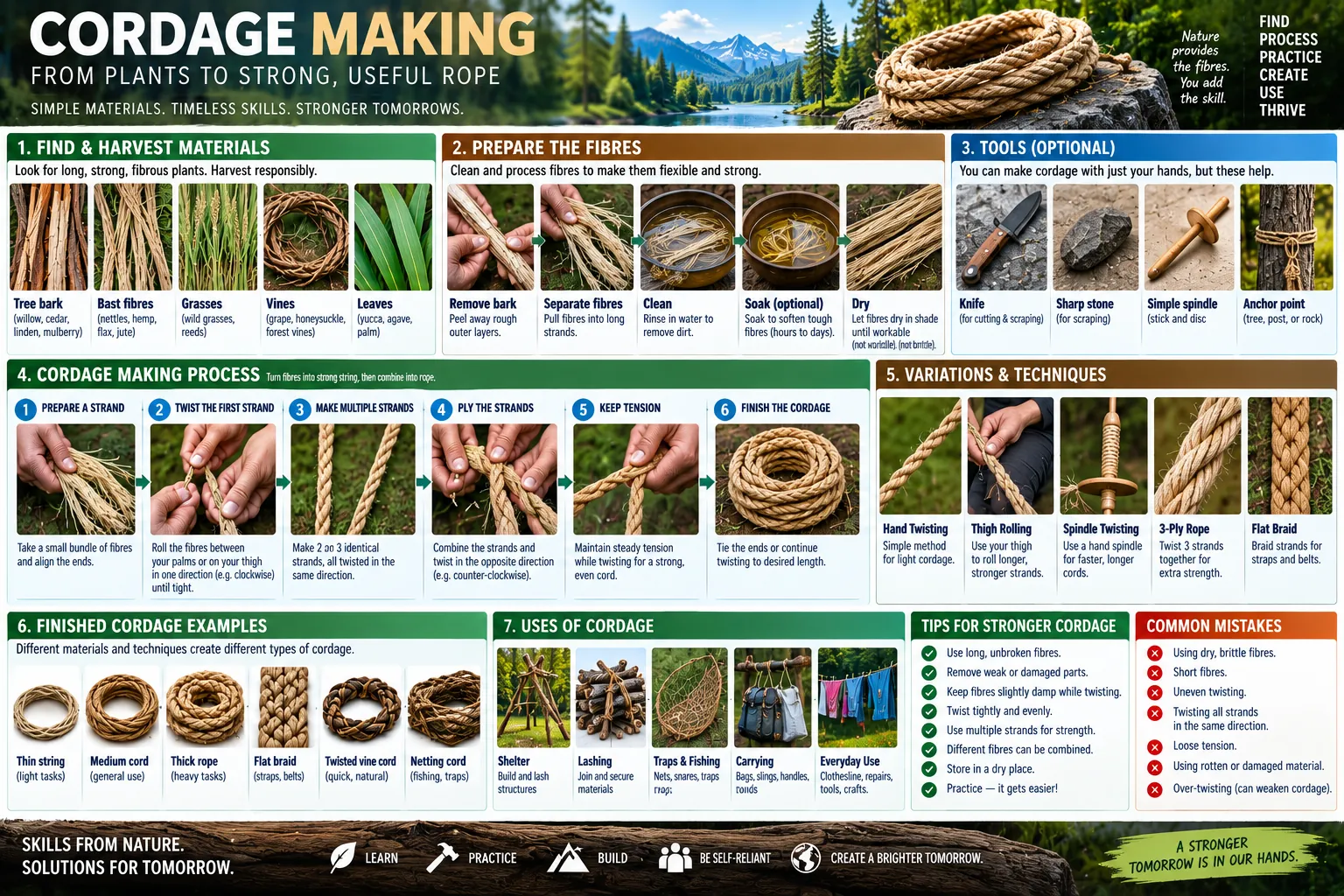 Harvesting fibre from bark, bast, grasses, vines and leaves; preparing it; a six-step twisting and plying sequence; the variations; finished cords and their uses; tips and common mistakes.
