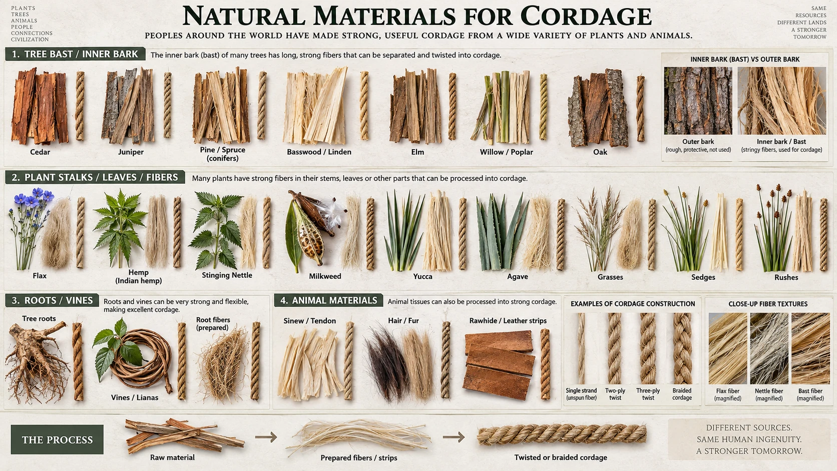 Where cordage fibre comes from — tree bast, plant stalks and leaves, roots and vines, and animal sinew, hair and rawhide — with the cord each yields and the raw → fibre → cord sequence at the foot.