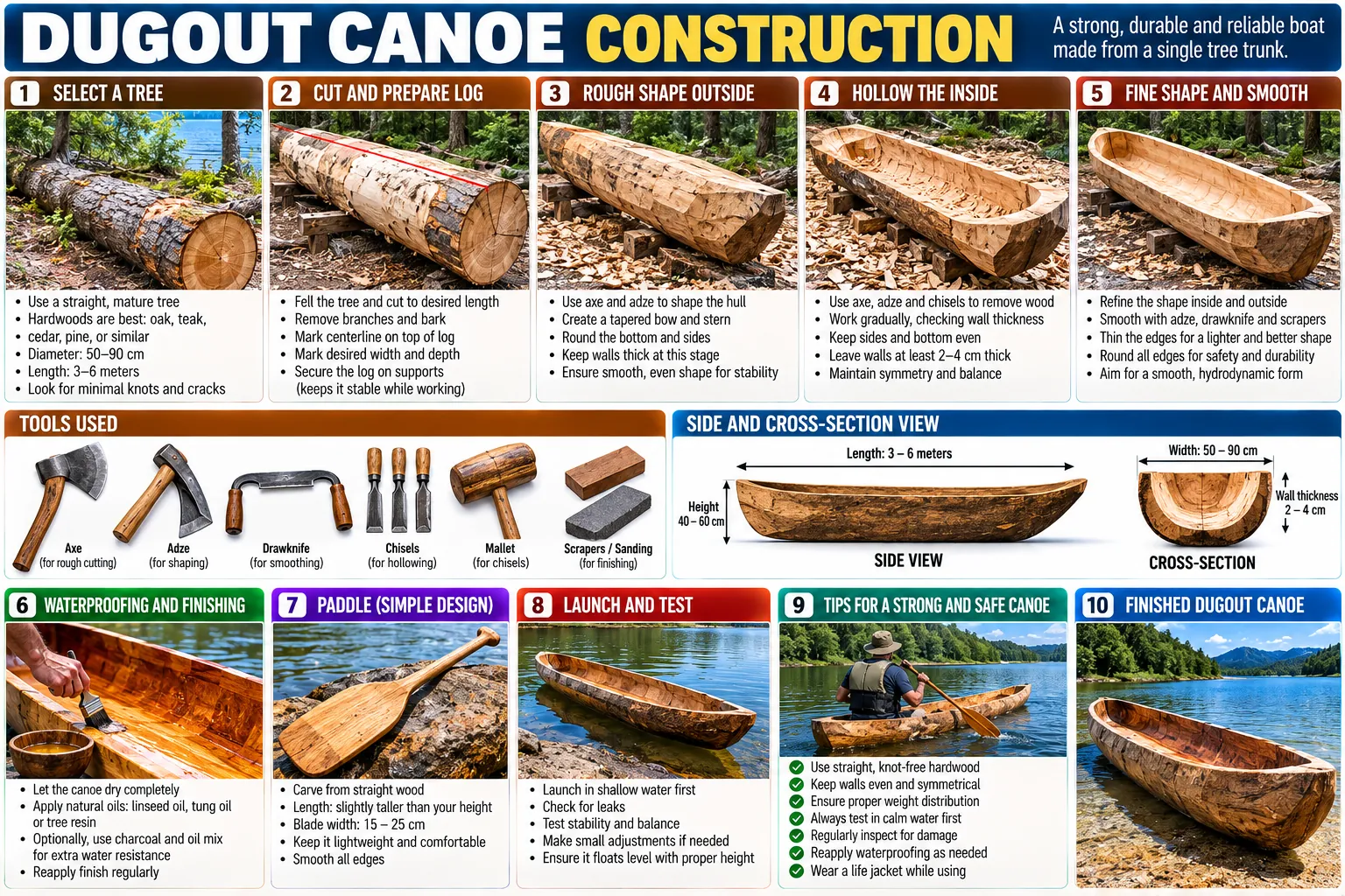 Choosing and preparing the log, shaping the outside, hollowing, smoothing, the tools, side and section views, finishing, a paddle, launching and testing, and tips.