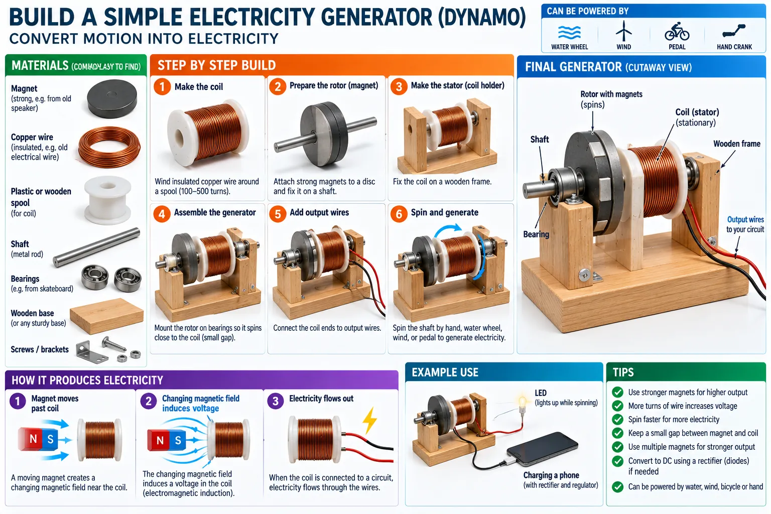 Materials, a six-step build, the finished machine in cutaway, how a moving magnet induces a voltage, and what the output can run.