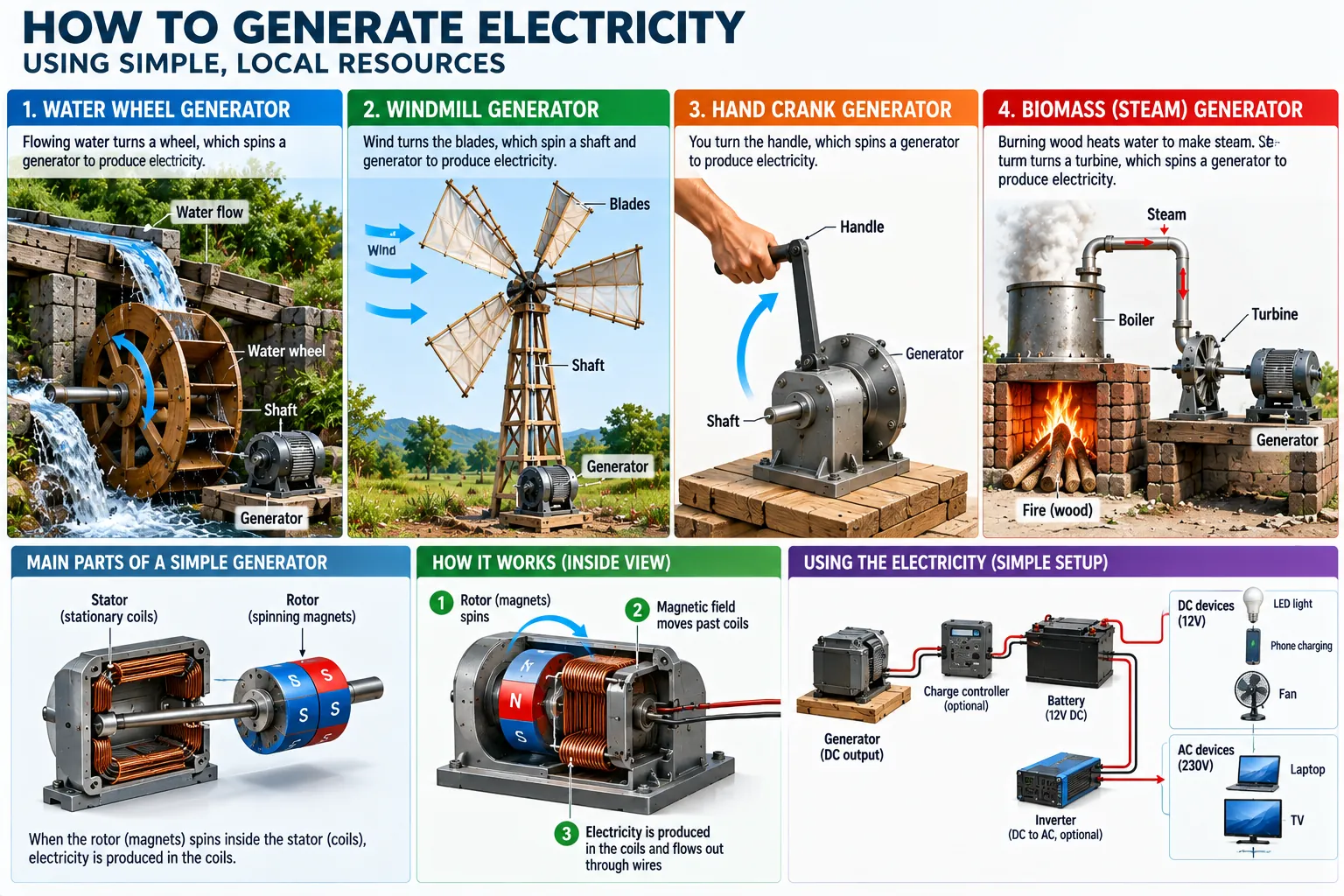 Four ways to turn a generator, the stator and rotor inside it, how moving magnets drive current through the coils, and a complete small system — generator, charge controller, 12 V battery, DC loads, and an inverter for AC.
