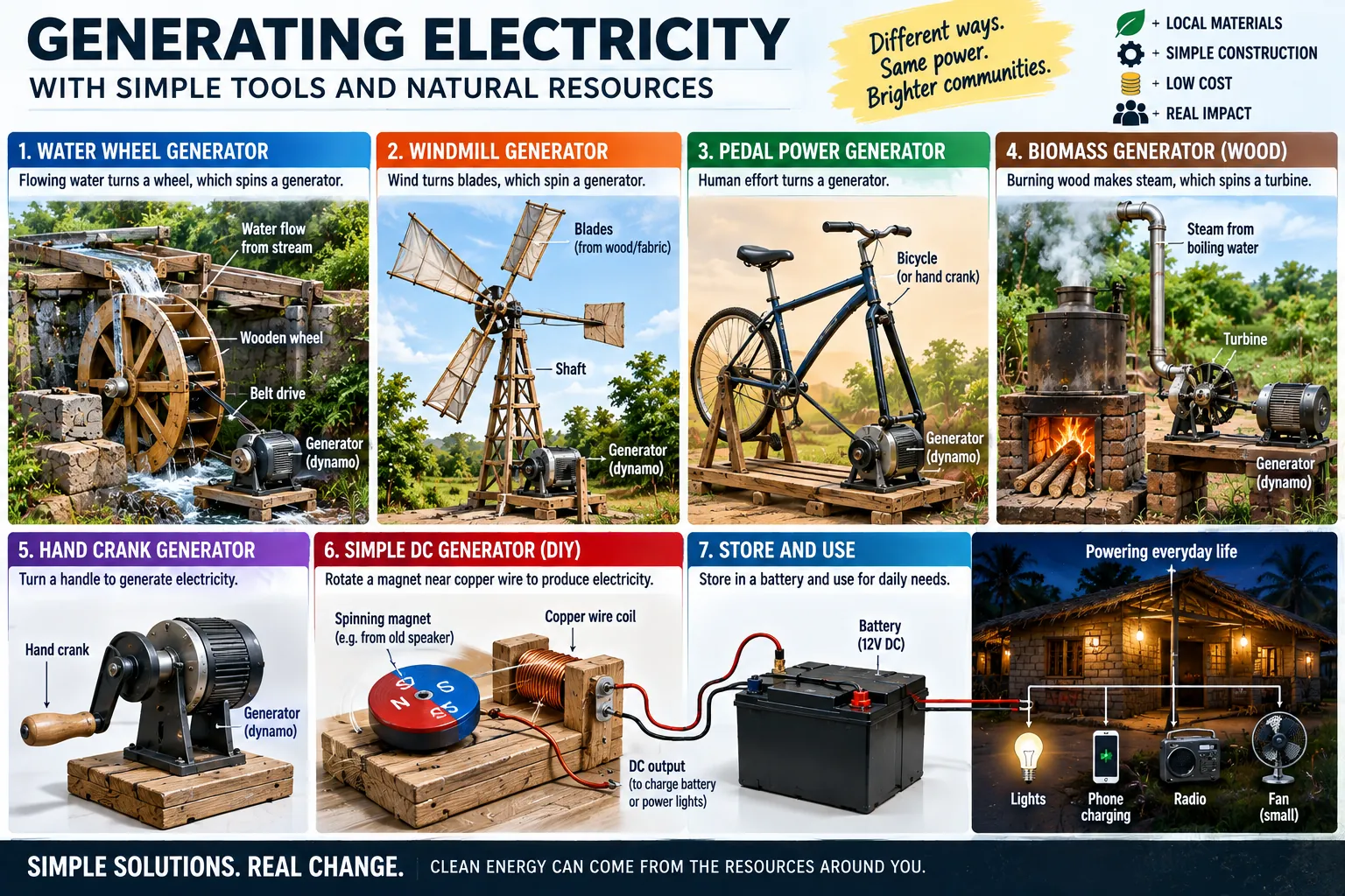 A water wheel, a windmill, pedals, wood-fired steam and a hand crank each turning a generator; a magnet-and-coil generator; and a 12 V battery running lights, a phone, a radio and a fan.