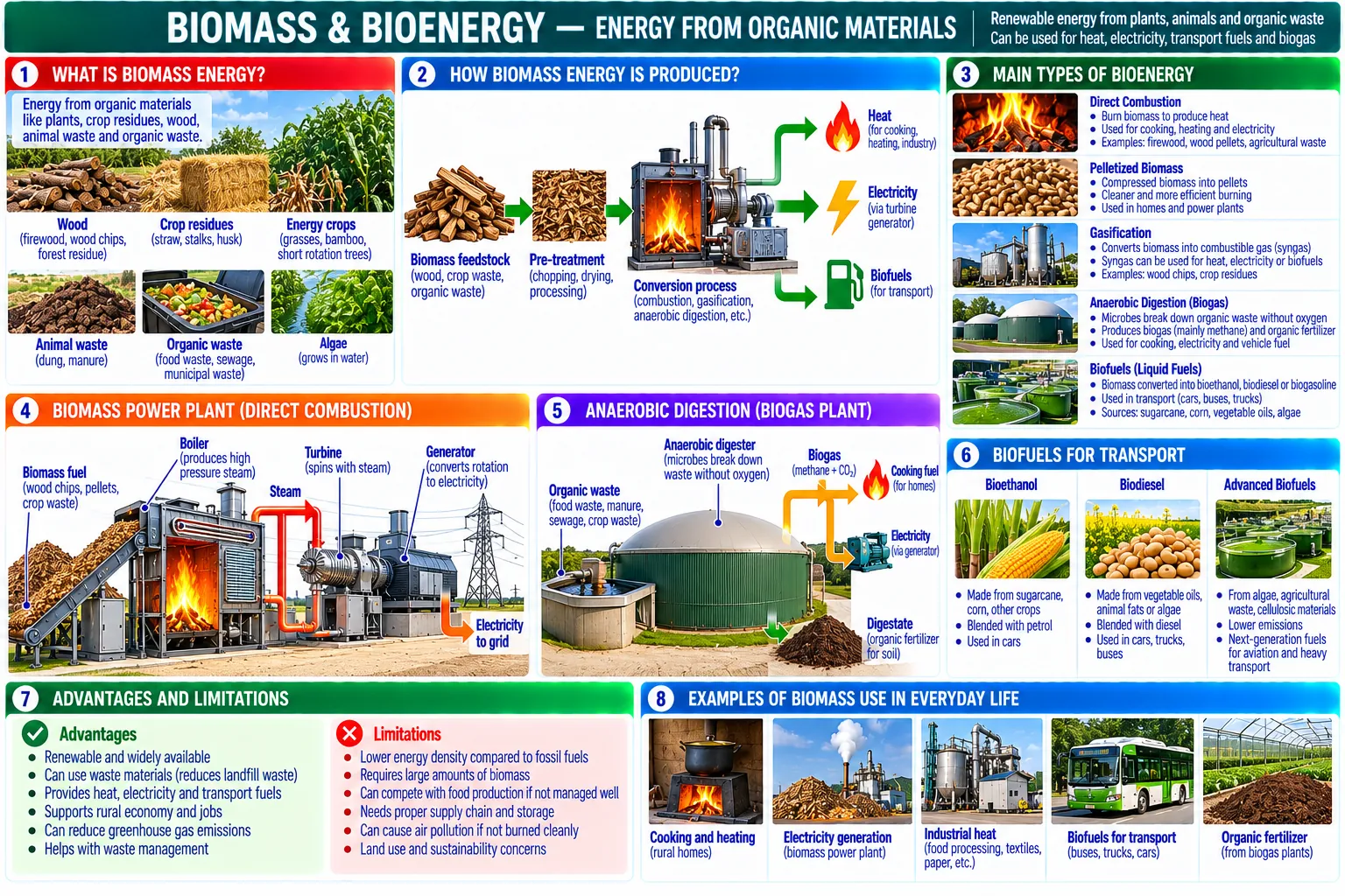 Eight panels: the kinds of biomass, how it becomes heat, electricity and fuel, the main routes (burning, pellets, gasification, biogas and liquid biofuels), a biomass power plant, a biogas digester, transport biofuels, advantages and limits, and everyday uses.
