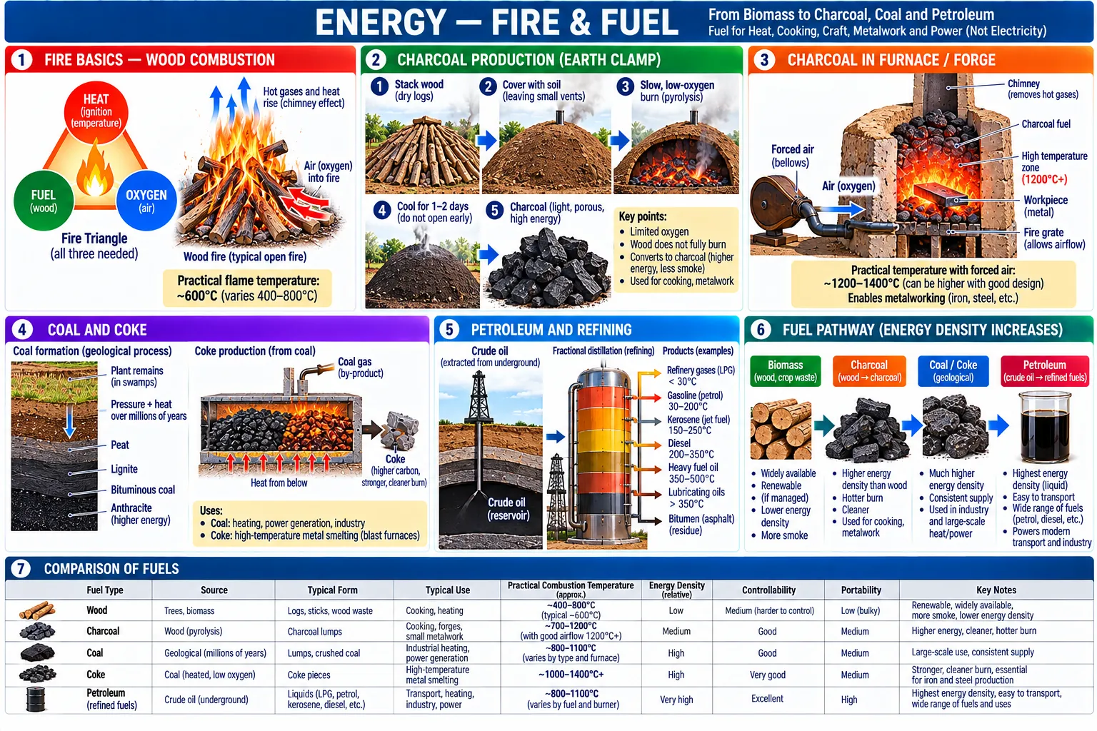 Seven panels: the fire triangle and a wood fire, charcoal made in an earth clamp, a charcoal forge with bellows, how coal forms and how coke is made from it, crude oil and its fractions, the fuel pathway from biomass to petroleum, and a table comparing wood, charcoal, coal, coke and petroleum.