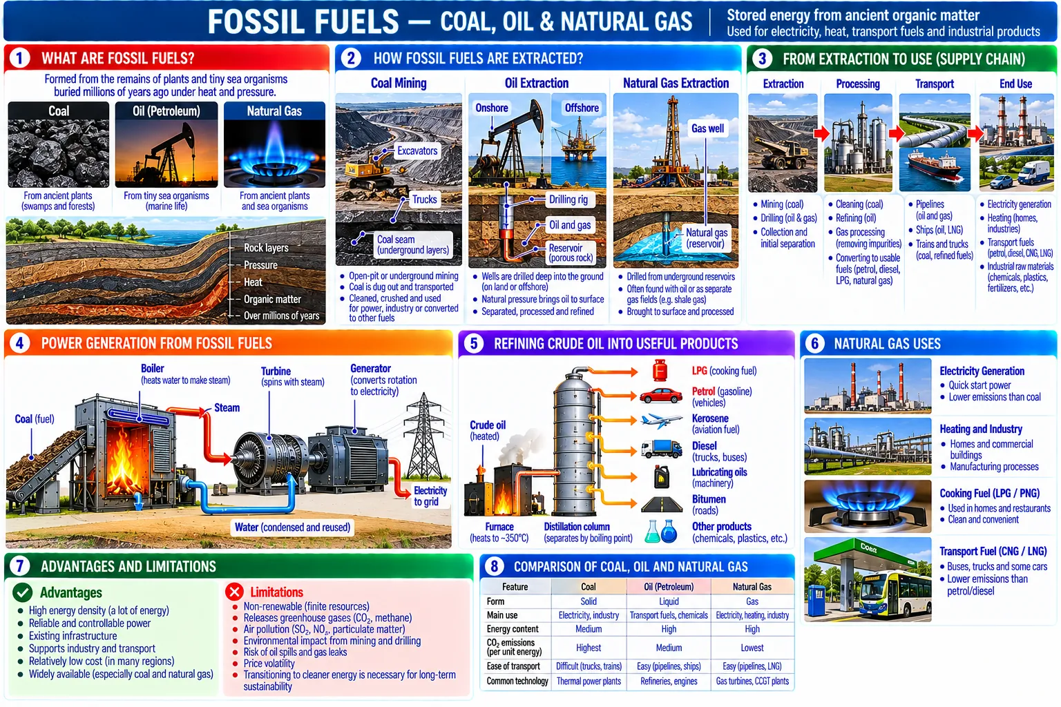 Eight panels: how coal, oil and gas formed, how each is mined or drilled, the chain from extraction to use, a coal-fired power station, refining crude oil, the uses of natural gas, advantages and limits, and a comparison of the three.