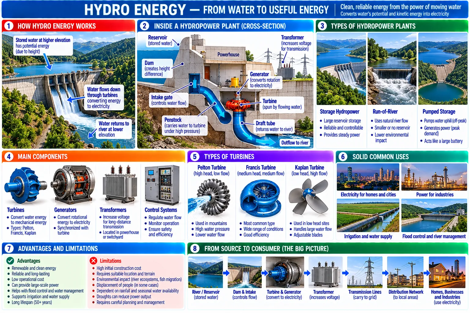 Eight panels: how falling water becomes electricity, a dam and powerhouse in section, storage, run-of-river and pumped-storage plants, the main components, the Pelton, Francis and Kaplan turbines, uses, advantages and limits, and the chain from river to consumer.
