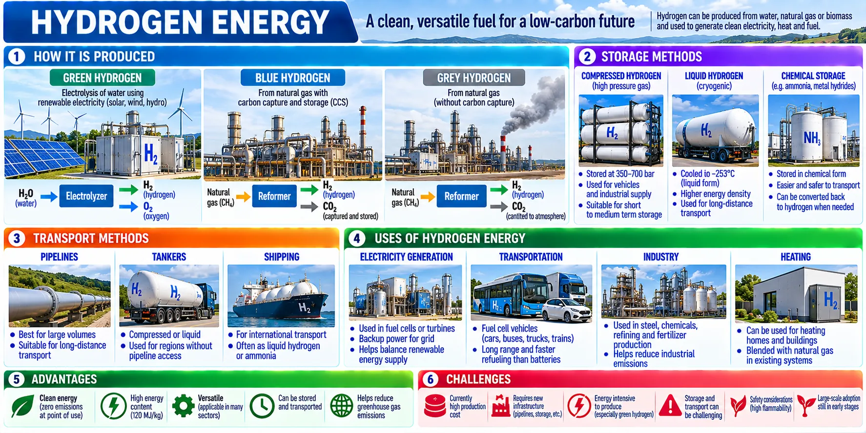 Six panels: green, blue and grey hydrogen, storage as compressed gas, as a liquid or in chemicals, transport by pipeline, tanker and ship, its uses, advantages, and challenges.