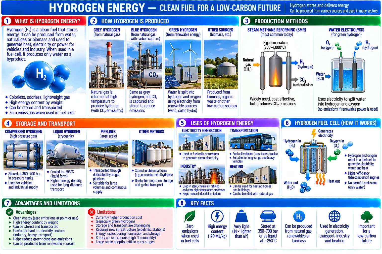 Eight panels: what hydrogen is, grey, blue, green and other hydrogen, steam methane reforming and electrolysis, storage and transport, its uses, how a fuel cell works, advantages and limits, and key facts.