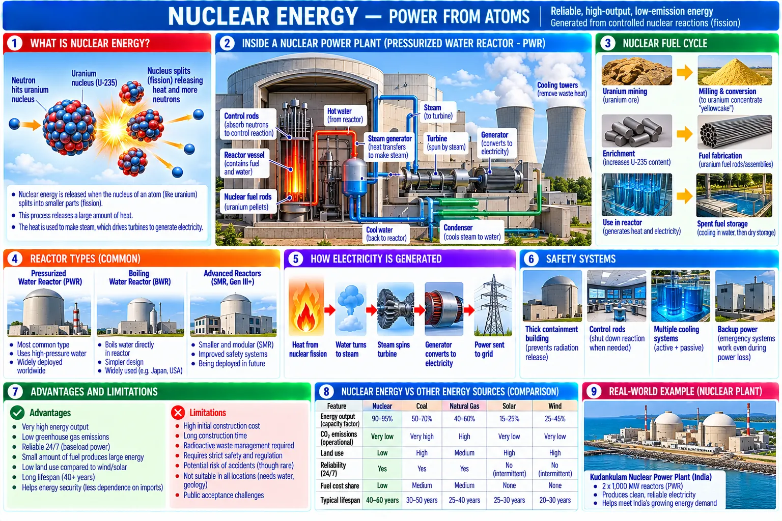 Nine panels: fission of uranium-235, a pressurised water reactor plant in cutaway, the fuel cycle from mine to spent-fuel storage, common reactor types, how the heat becomes electricity, safety systems, advantages and limits, a comparison with other sources, and a named example plant.