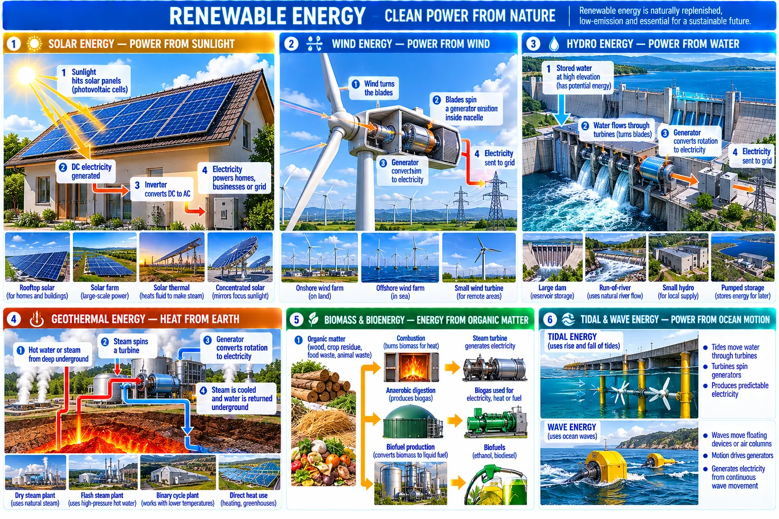 Six panels, one per source: solar, wind, hydro, geothermal, biomass, and tidal and wave. Each has a numbered picture of how it works and small pictures of its main kinds.