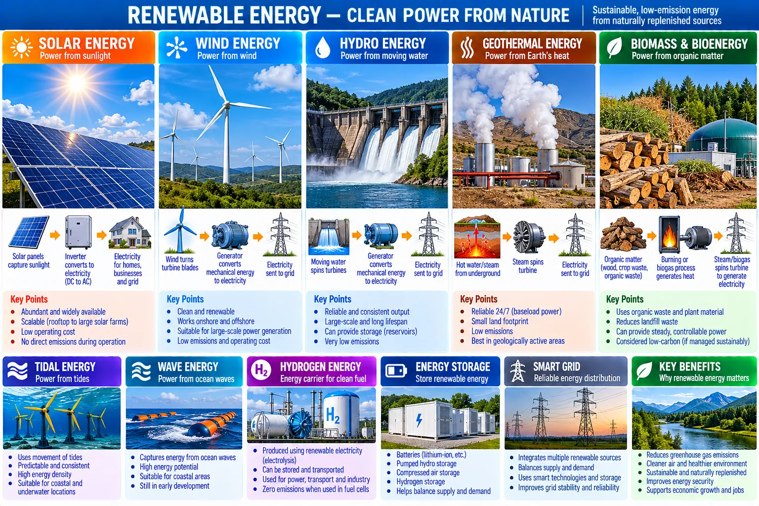 Eleven panels: solar, wind, hydro, geothermal and biomass, each with a picture, its chain from source to grid and its key points, then tidal, wave, hydrogen, energy storage, the smart grid, and why renewables matter.
