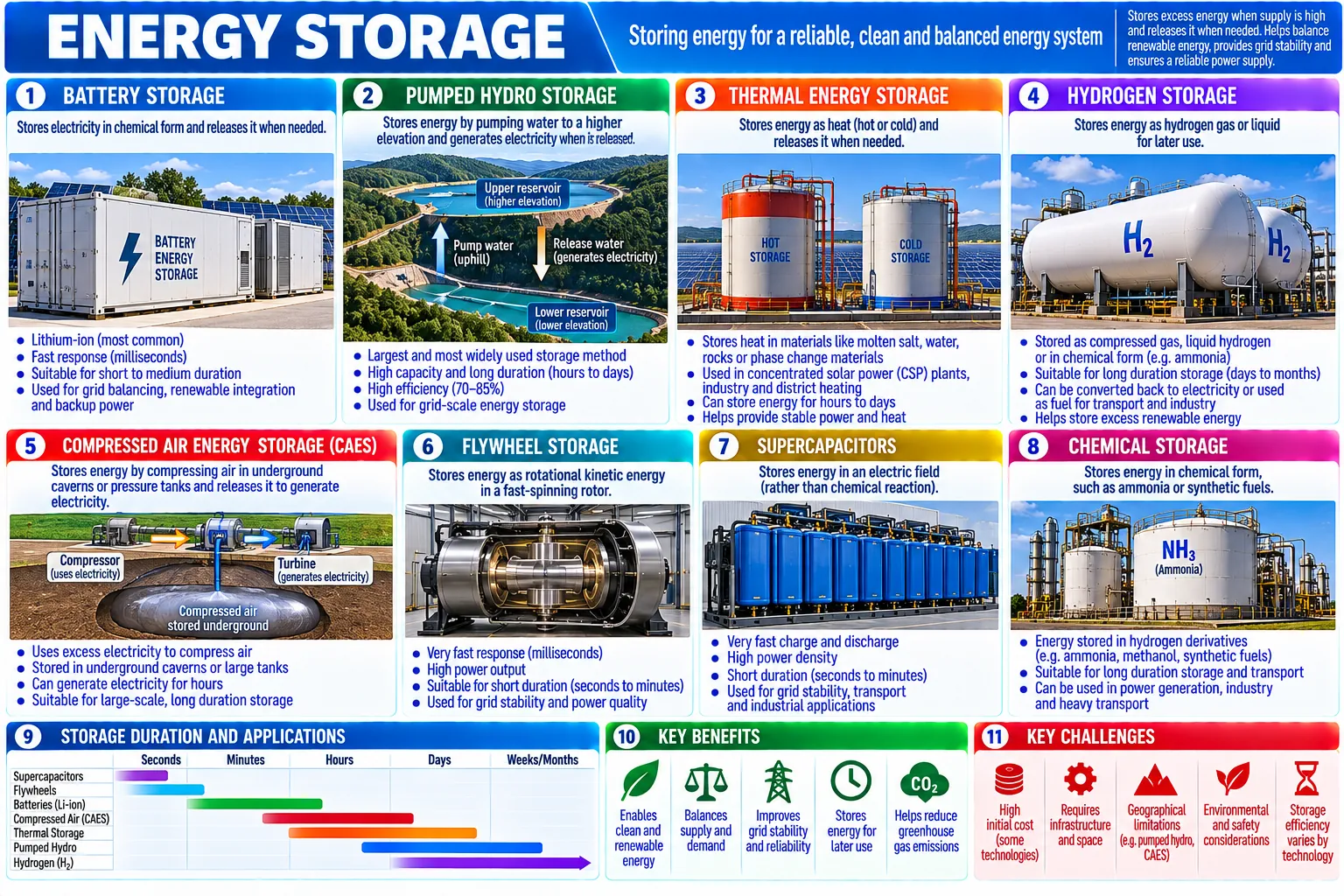 Eleven panels: batteries, pumped hydro, heat storage, hydrogen, compressed air, flywheels, supercapacitors and chemical storage, each with its uses; a chart of how long each can store; benefits and challenges.