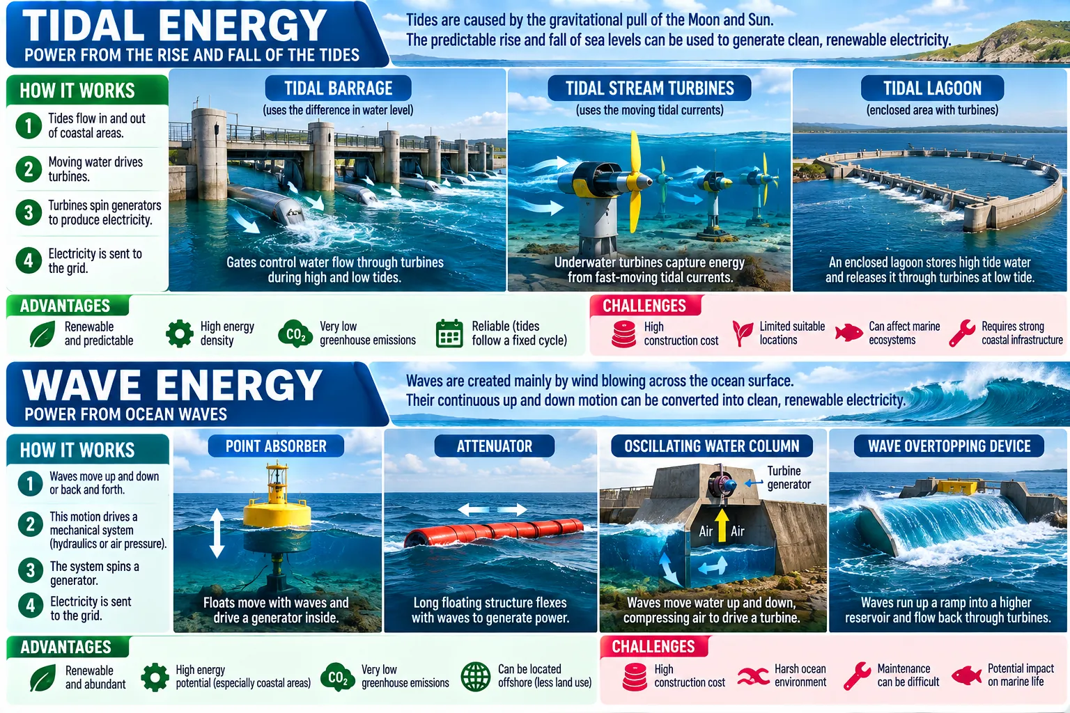 Two halves. Tides: how they drive turbines, a tidal barrage, tidal-stream turbines and a tidal lagoon, with advantages and challenges. Waves: point absorbers, attenuators, oscillating water columns and overtopping devices, with advantages and challenges.
