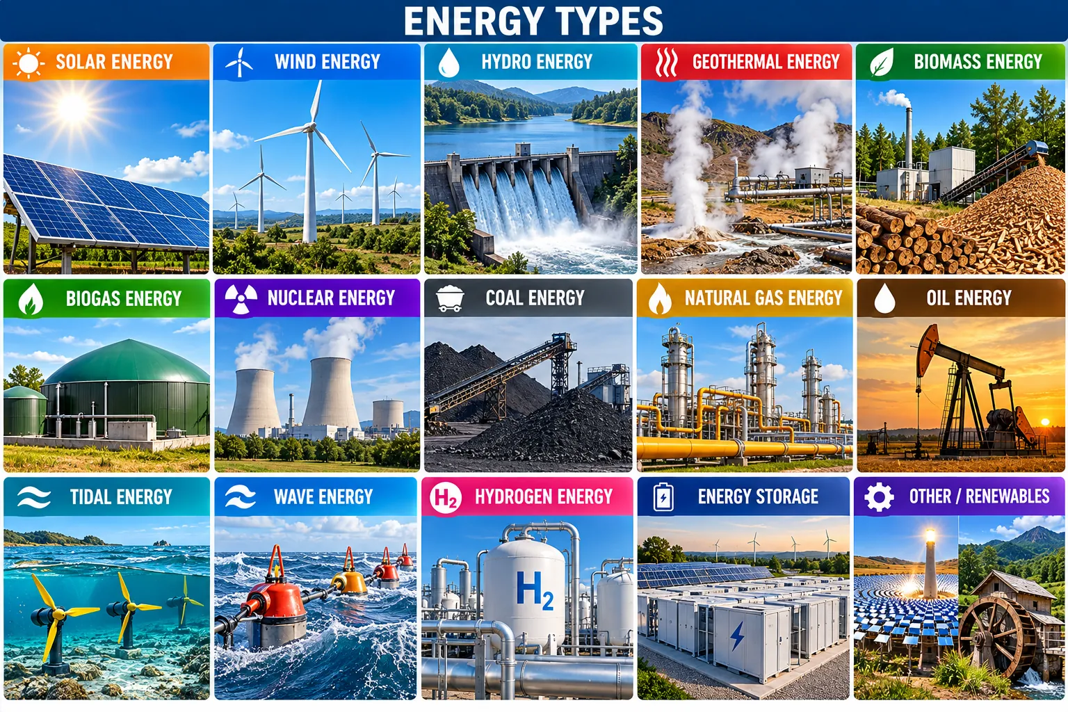 Fifteen panels, one picture each: solar, wind, hydro, geothermal, biomass, biogas, nuclear, coal, natural gas, oil, tidal, wave, hydrogen, energy storage, and other renewables such as concentrated solar and the waterwheel.