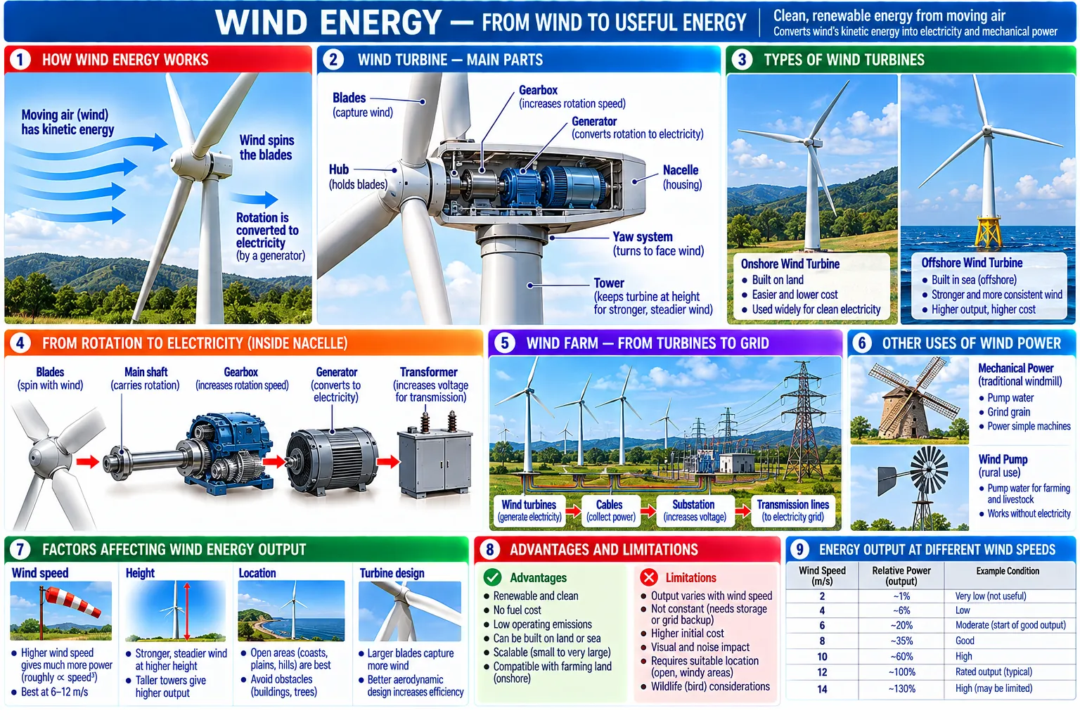 Nine panels: how wind turns a rotor, the parts of a turbine, onshore and offshore machines, the drive train inside the nacelle, a wind farm feeding the grid, windmills and wind pumps, what affects output, advantages and limits, and a table of output against wind speed.