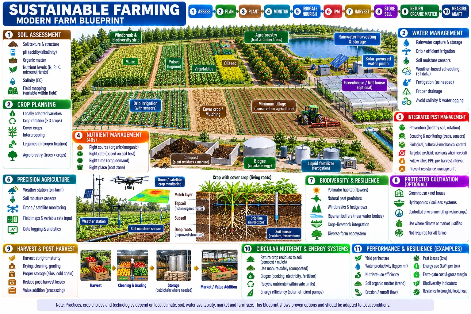 One farm drawn as a system: soil testing, crop planning, water, nutrients, pest management, sensors and drones, biodiversity, protected cropping, harvest and storage, the return of residues and manure, and the measures that show whether it is working.