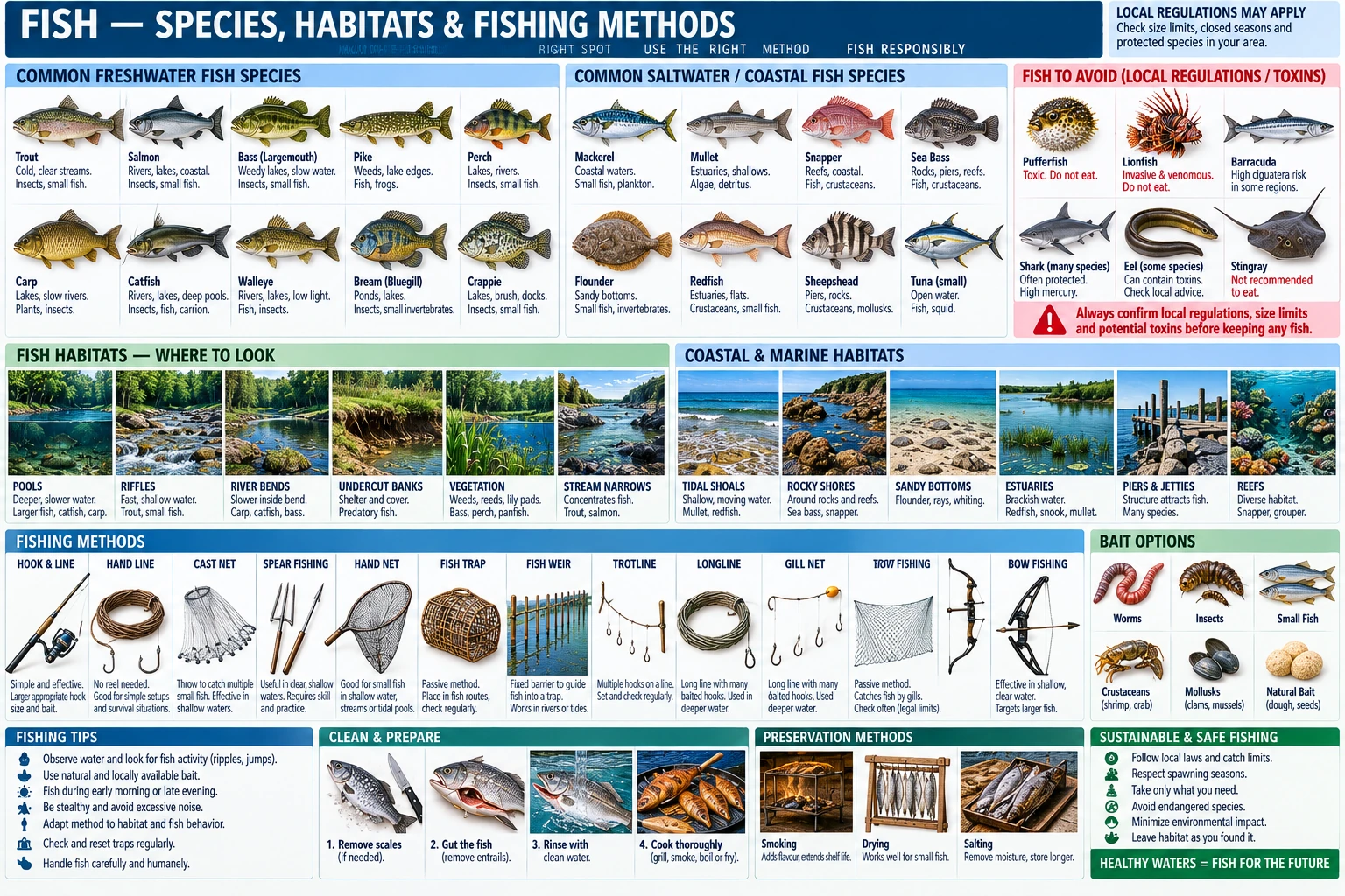 Common freshwater and coastal fish, the water each holds in, the methods and baits that take them, and the handful that are toxic or regulated.
