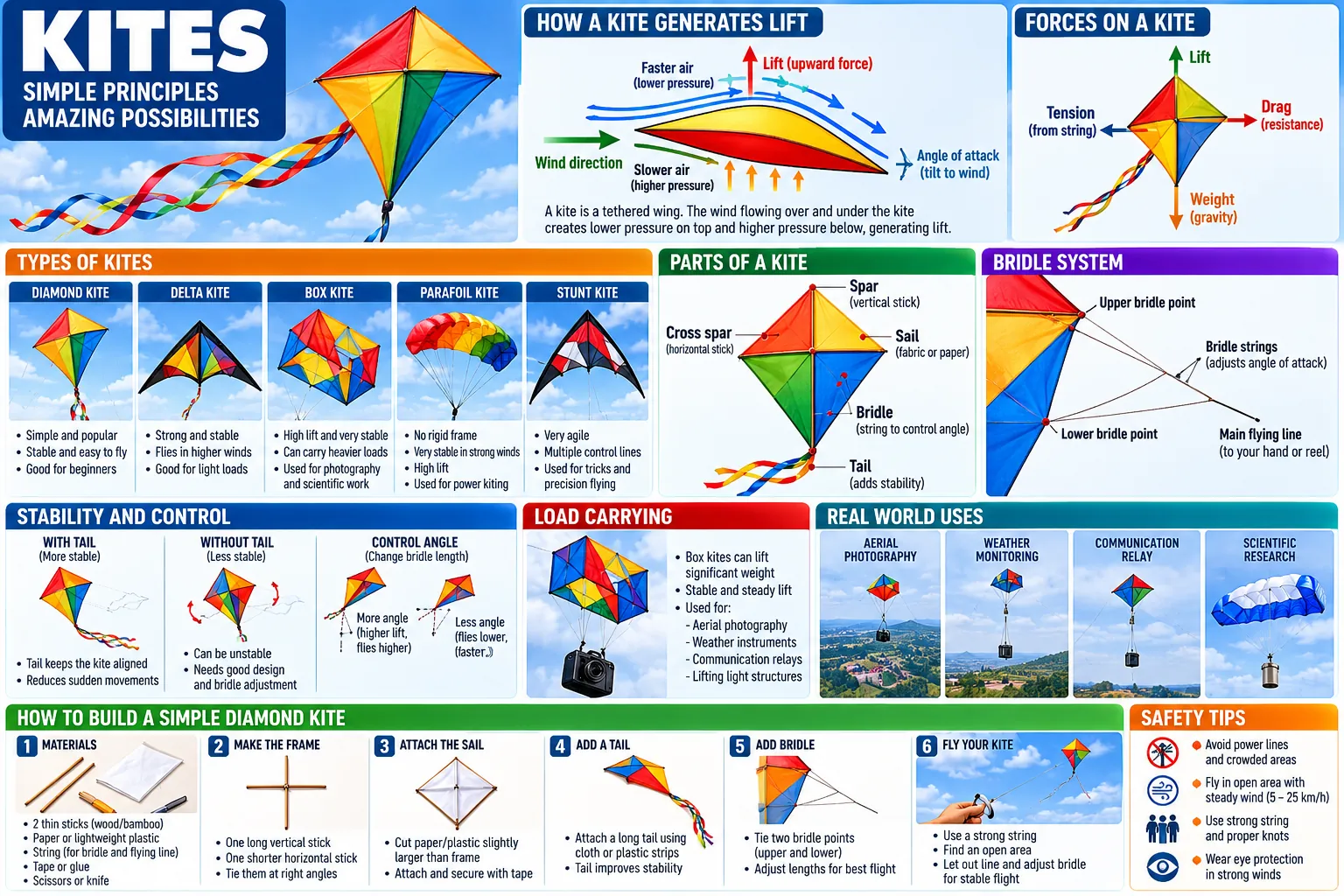 How a kite makes lift and the forces on it, five kinds (diamond, delta, box, parafoil, stunt), the parts, the bridle, tails and bridle adjustment, box kites lifting cameras and instruments, real uses, and a six-step diamond kite build.