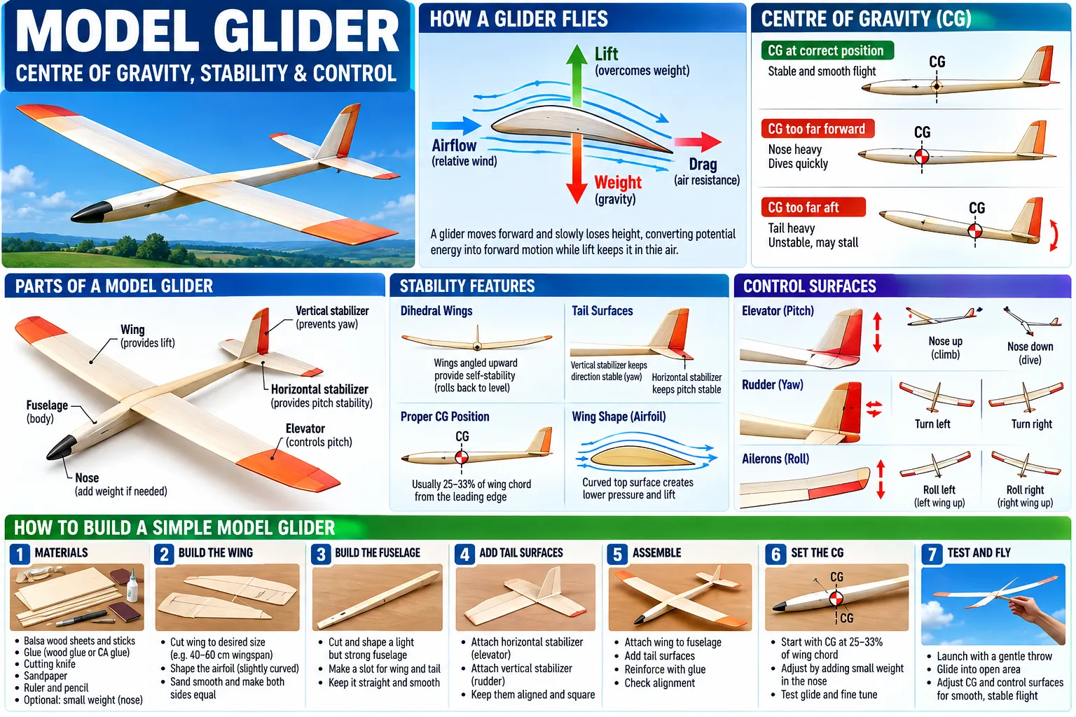 How a glider flies, the centre of gravity in the right place, too far forward and too far aft, the parts of a model glider, dihedral, tail surfaces, the aerofoil, elevator, rudder and ailerons, and a seven-step balsa build balanced at 25–33 % of the chord.
