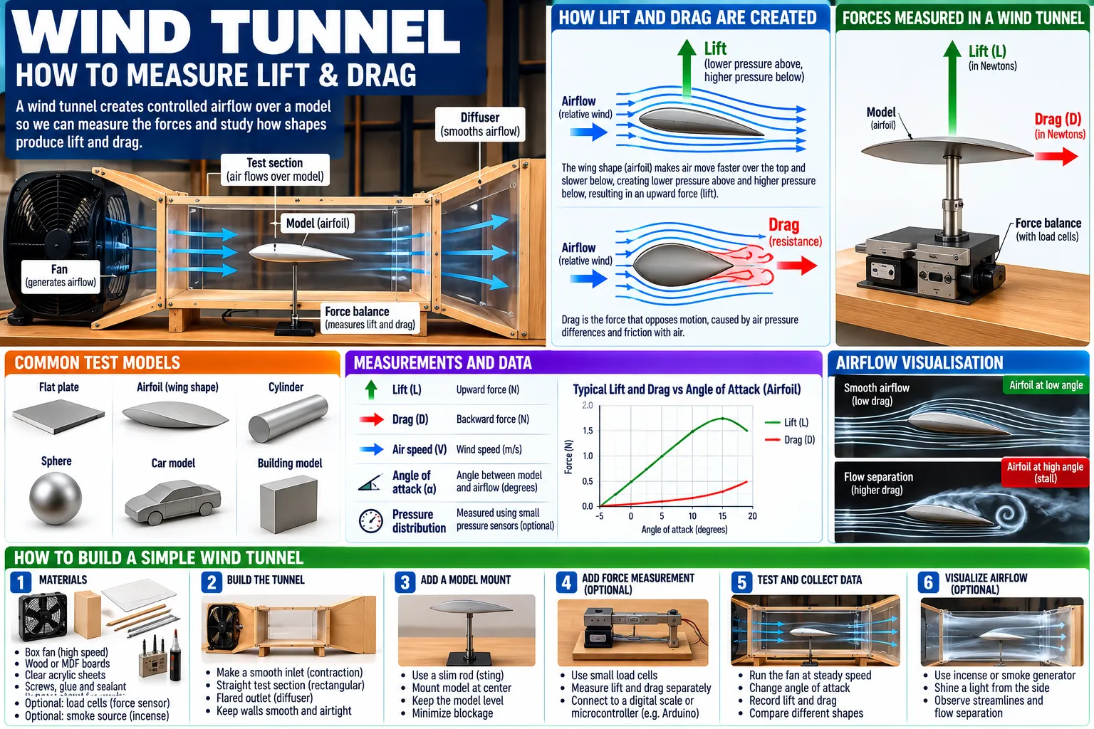 The parts of a small open wind tunnel, how lift and drag arise, a force balance on load cells, common test models, what is measured, lift and drag against angle of attack, smoke to show the flow, and a six-step build.