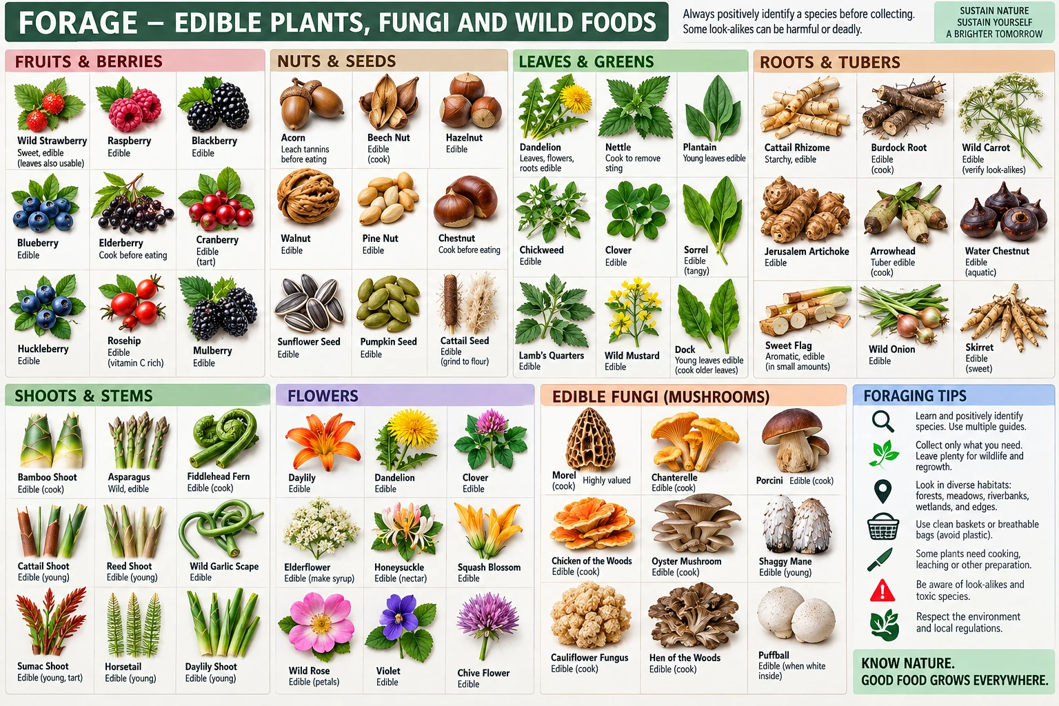 Wild foods worth learning first, grouped by the part you eat — fruits, nuts, greens, roots, shoots, flowers and fungi — each with the preparation it needs before it is food.