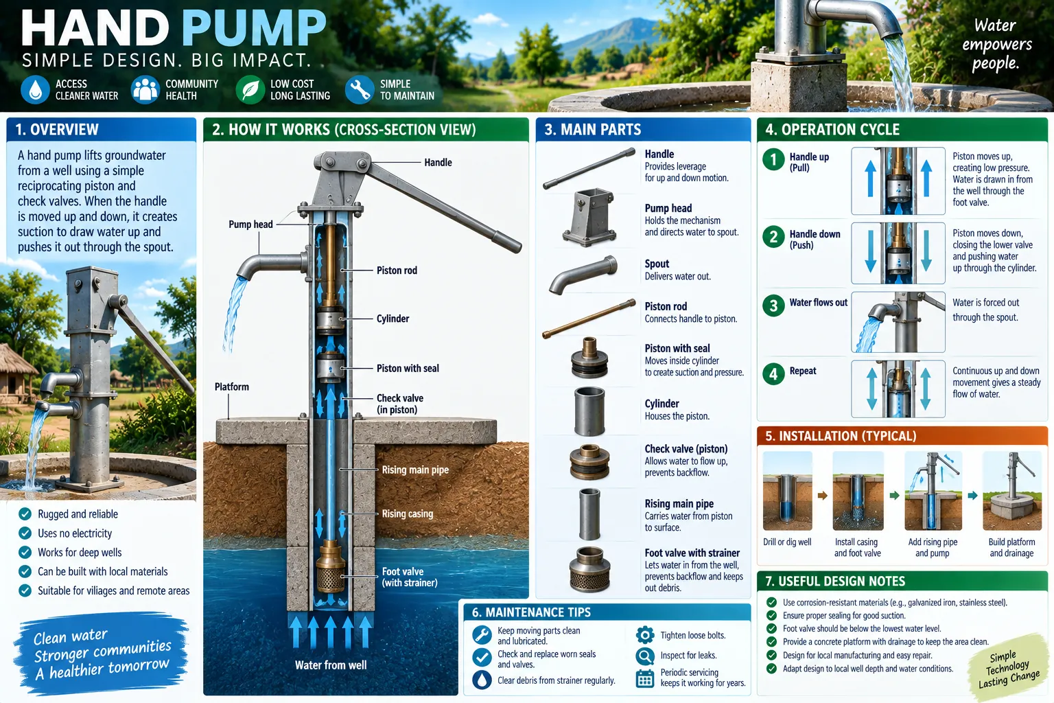 A lever hand pump in section — pump head, rod, piston and its valve, rising main and foot valve — with the parts, the stroke cycle, installation, maintenance and design notes.