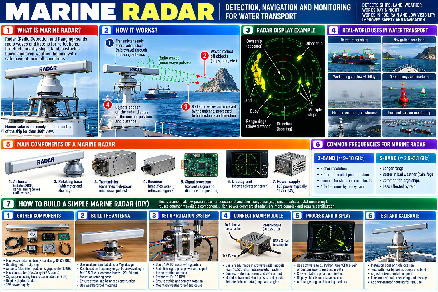 What a marine radar is and how it works, a display showing own ship, land, buoys and other ships, its uses at sea, the seven parts from scanner to power supply, X-band (9–10 GHz) against S-band (2.9–3.1 GHz), and a six-step home build.