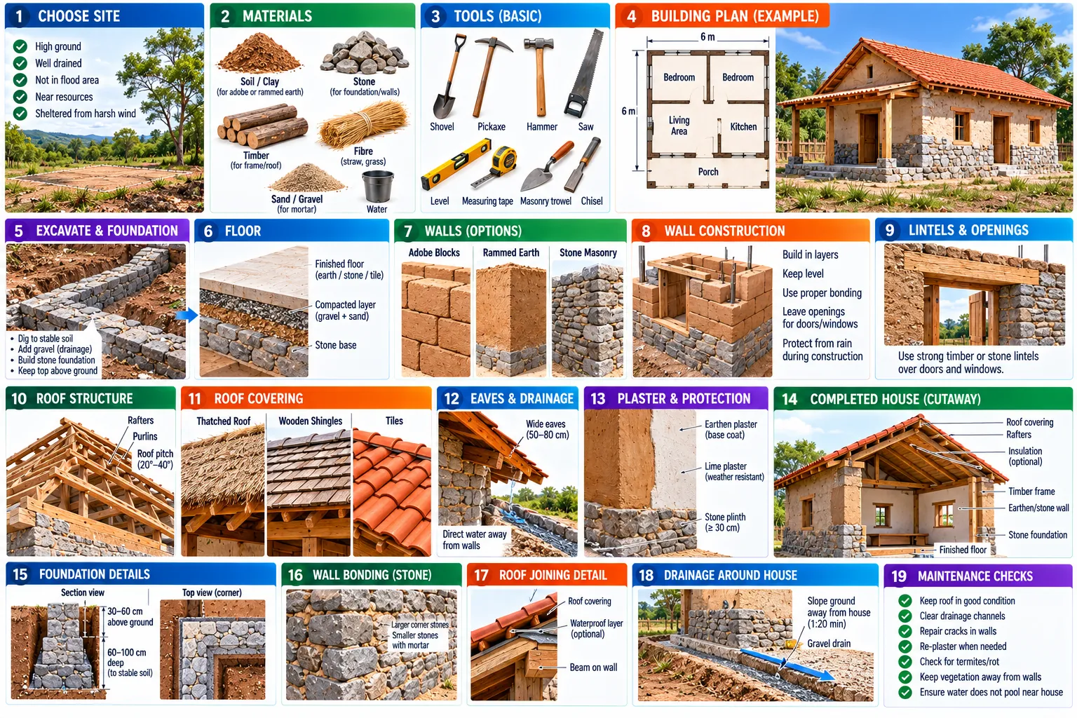 Nineteen panels from site to maintenance: choosing the site, materials, tools, an example plan, foundation, floor, three wall systems, laying walls, lintels, the roof frame, coverings, eaves and drainage, plaster, a cutaway house, foundation and corner details, stone bonding, the roof-to-wall joint, drainage and maintenance checks.