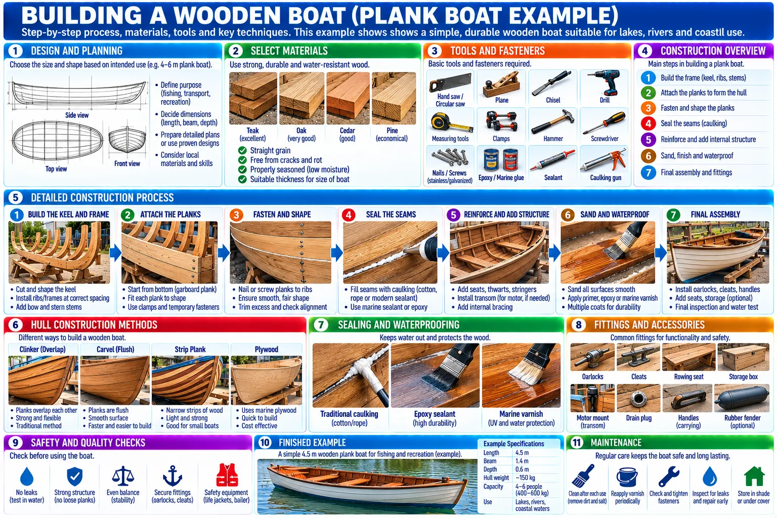 Design, timber, tools and fasteners, seven stages from keel and frames to fittings, clinker, carvel, strip-plank and plywood hulls, sealing, fittings, safety checks, a finished 4.5 m example, and upkeep.