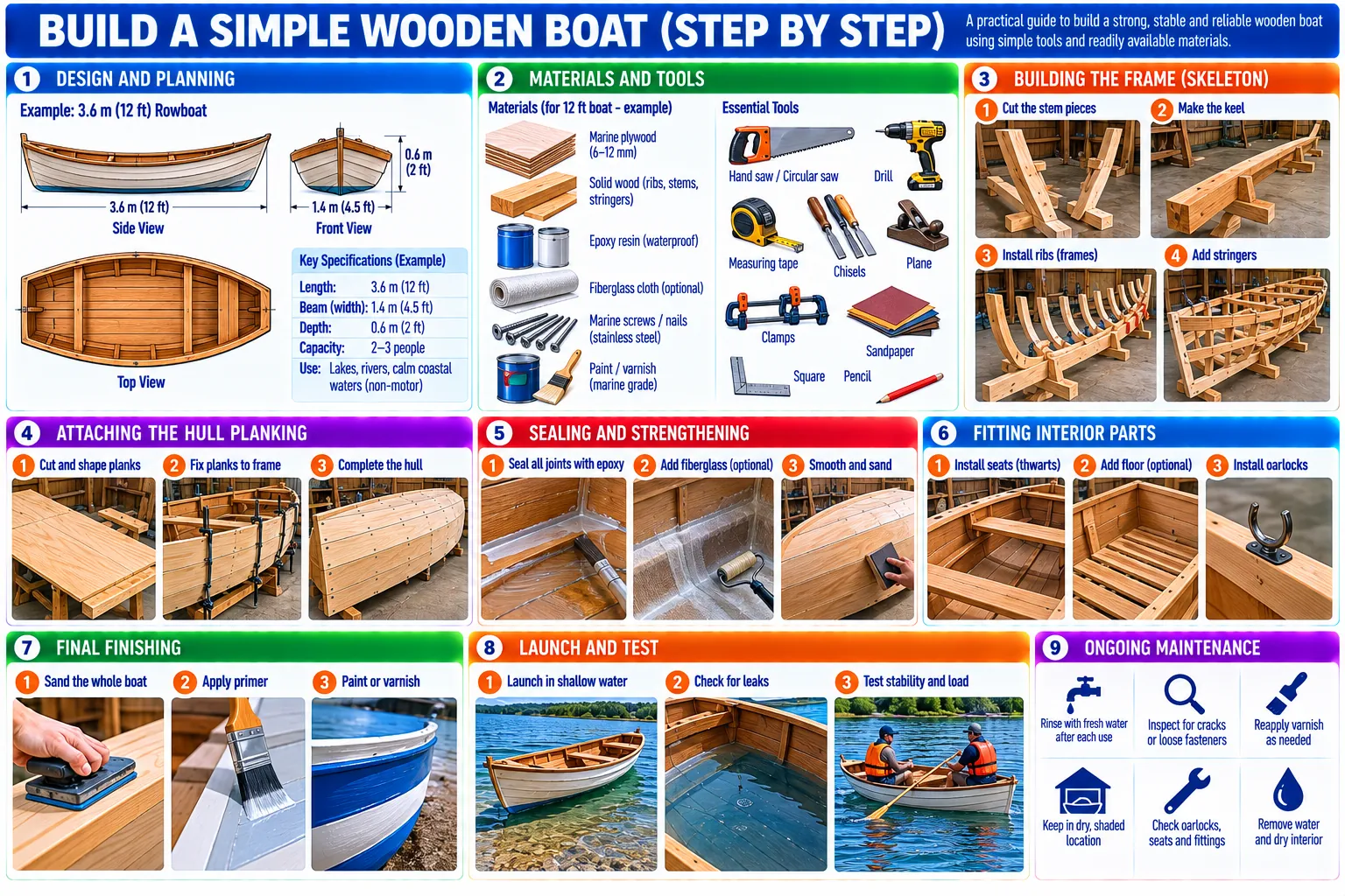 A 3.6 × 1.4 m plywood rowboat for 2–3 people: design, materials and tools, stem, keel, ribs and stringers, planking, epoxy sealing and optional glass cloth, seats and oarlocks, finishing, launching and testing, and upkeep.