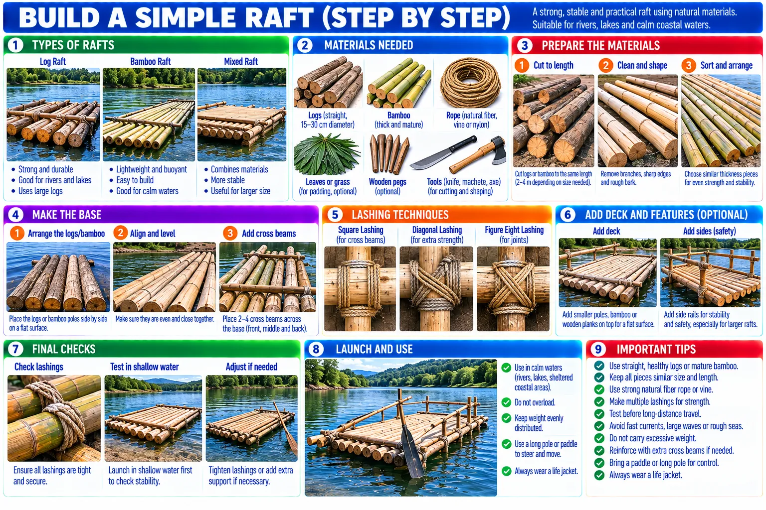 Log, bamboo and mixed rafts: materials, cutting and sorting, laying the base with cross beams, square, diagonal and figure-eight lashings, deck and rails, checks, launching and use.